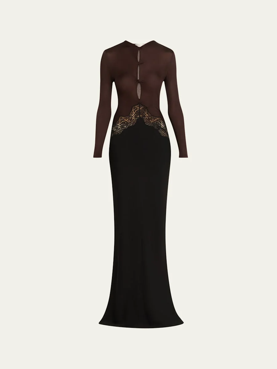 Open-Twist Lace Long-Sleeve Dress - 1