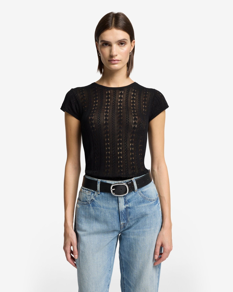 7 For All Mankind Short Sleeve Pointelle Crew Sweater in Black outlook