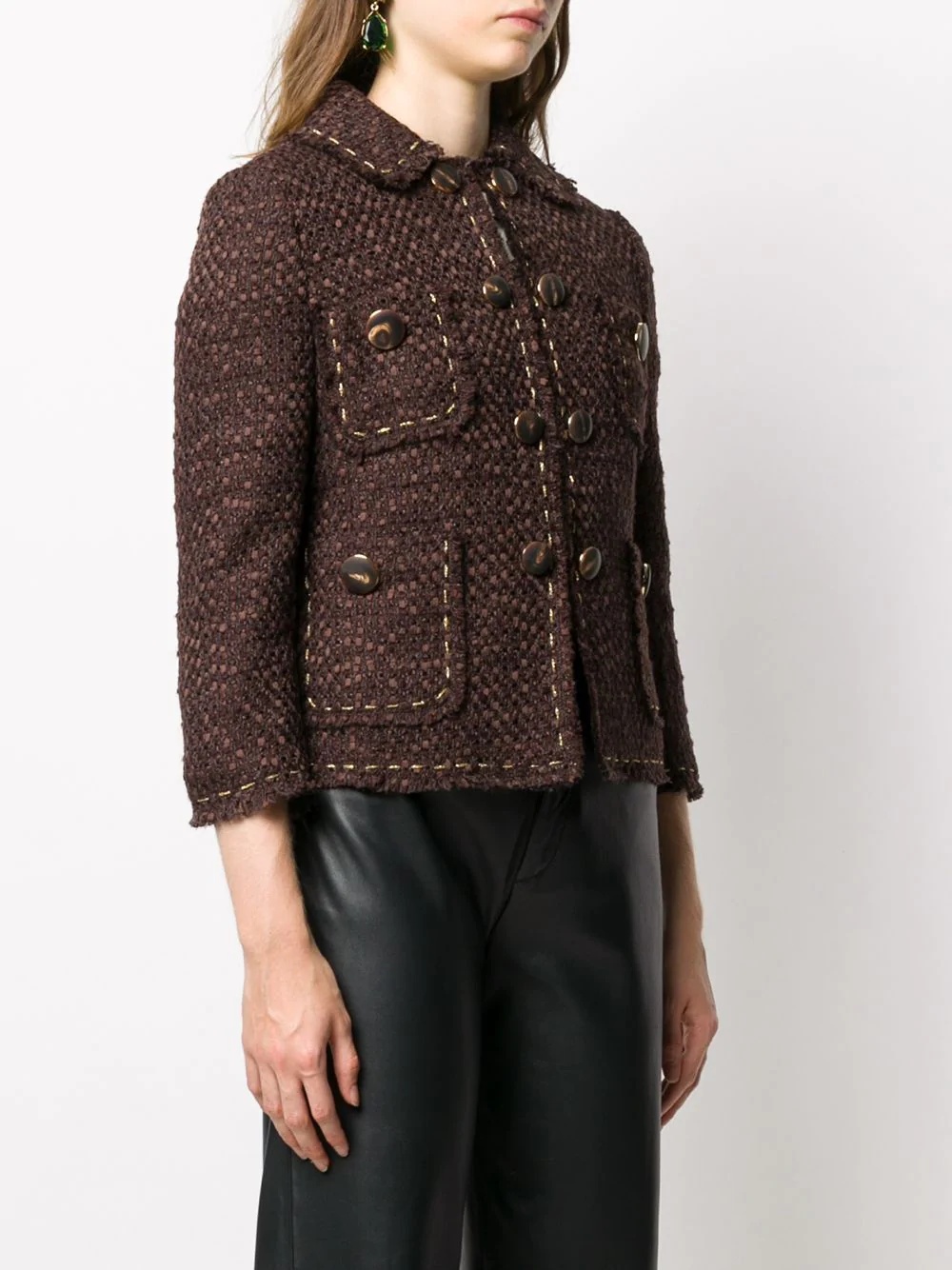 cropped-sleeve tweed jacket - 3