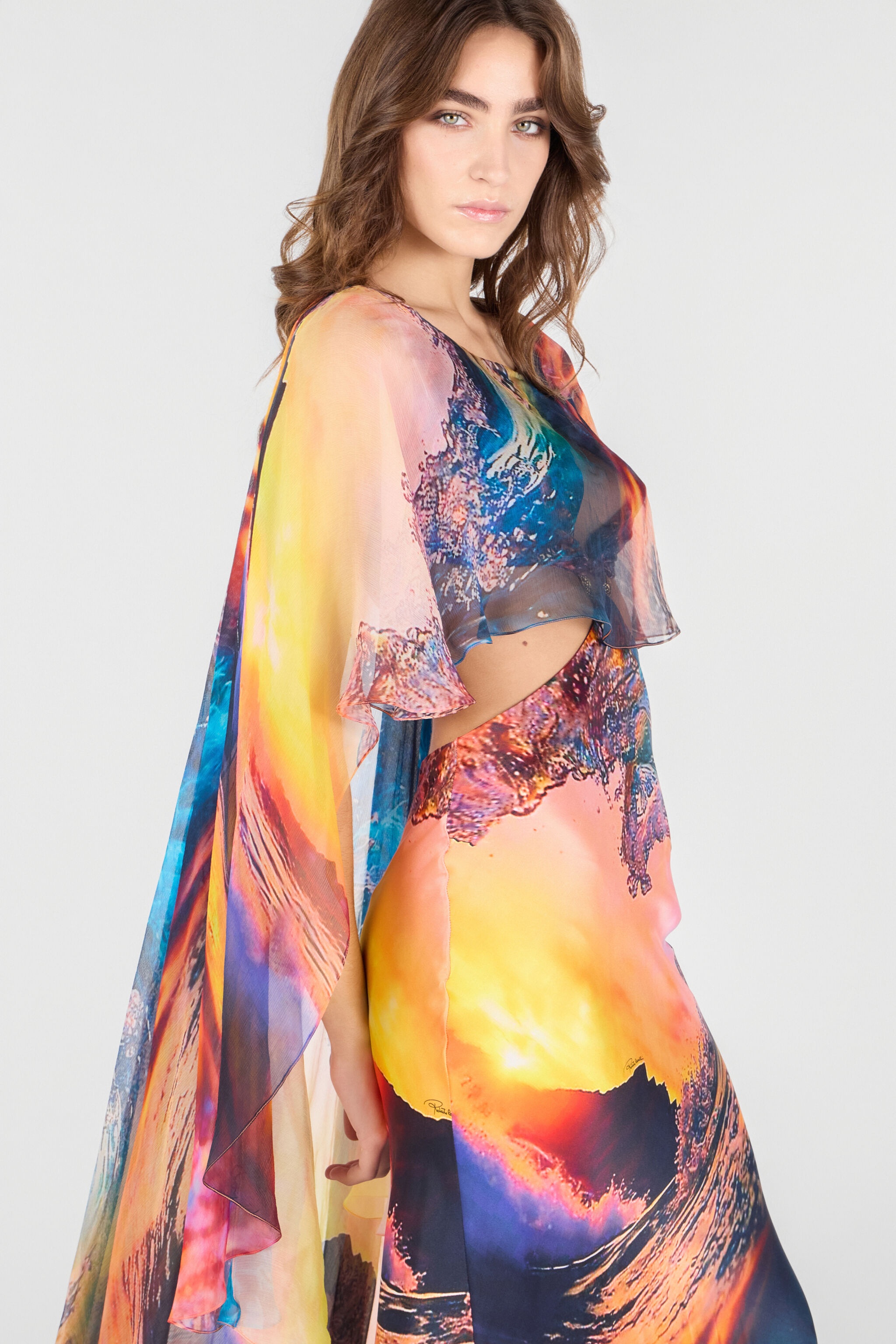 Itaca Print Long Dress with Cape - 6