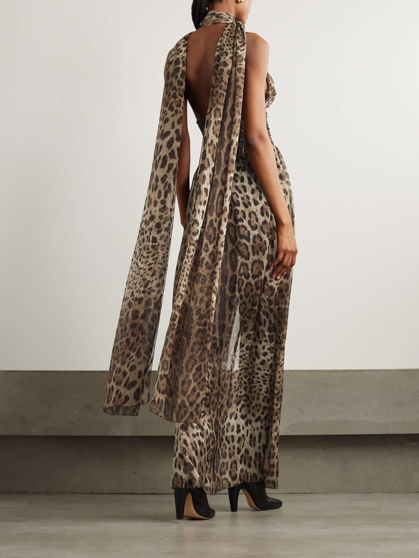 Scarf-detailed smocked leopard-print silk-chiffon gown - 3