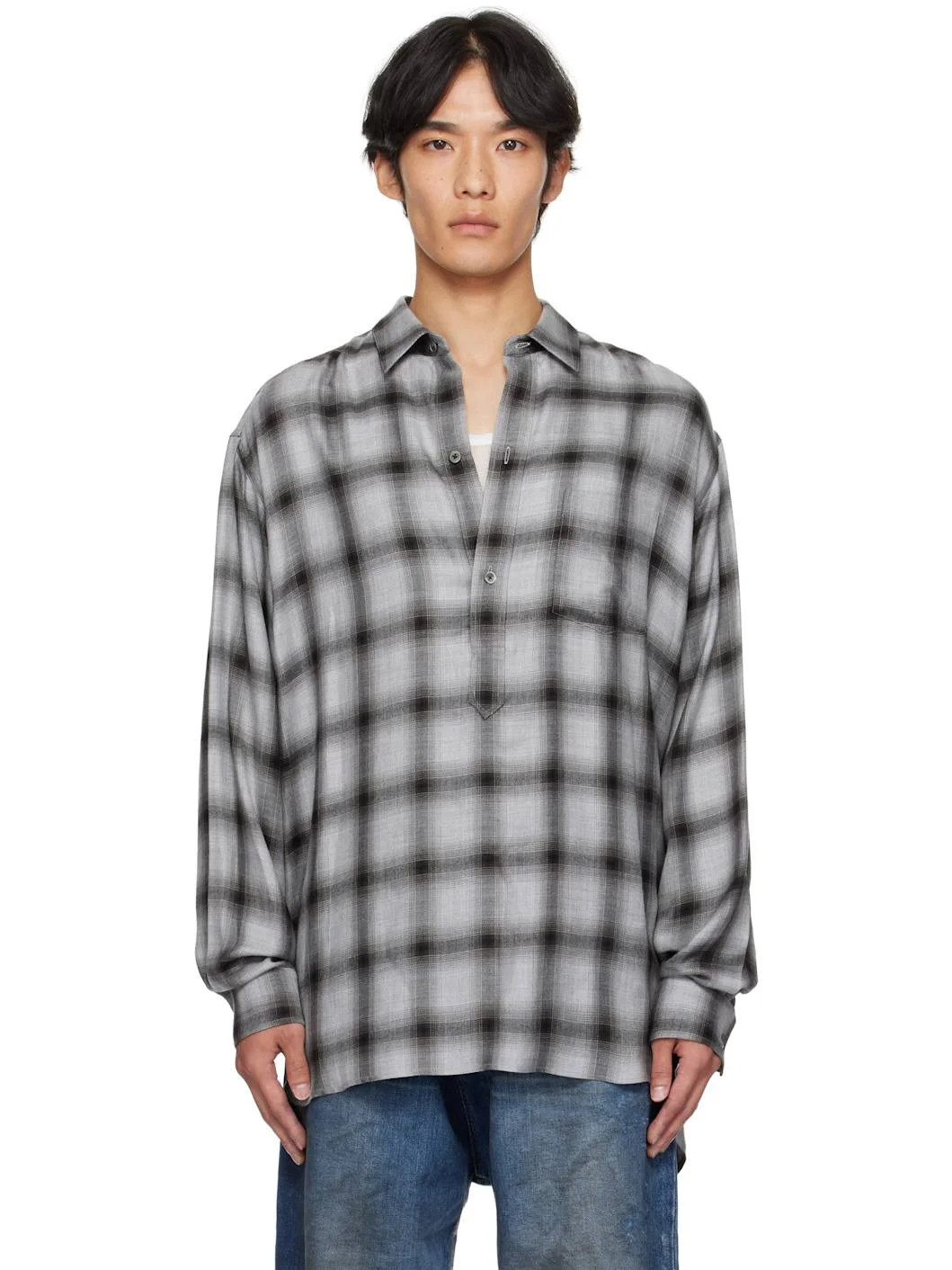 Gray Check Oversized Down Pullover Shirt - 1