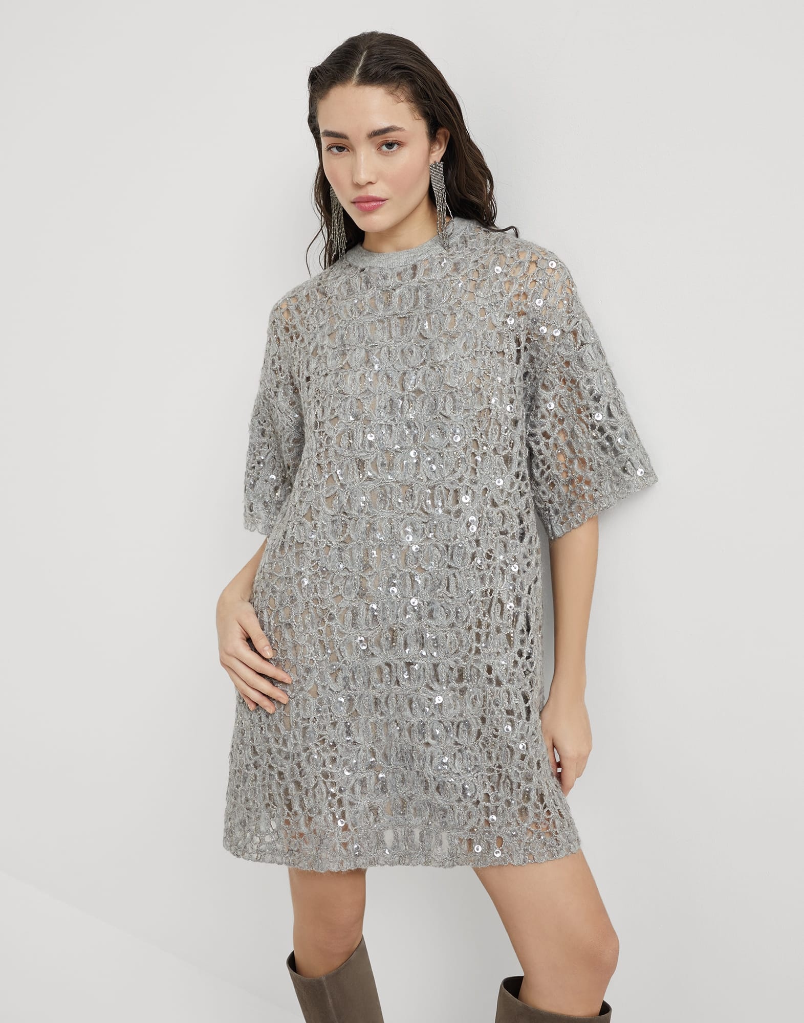 Dazzling croc embroidery mini knit T-shirt dress in mohair, silk and linen - 4