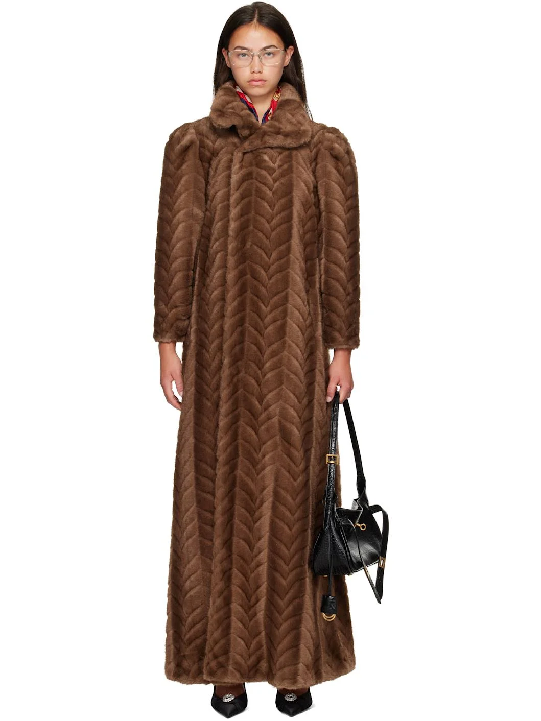 Brown Cable Knit Faux Fur Coat - 1