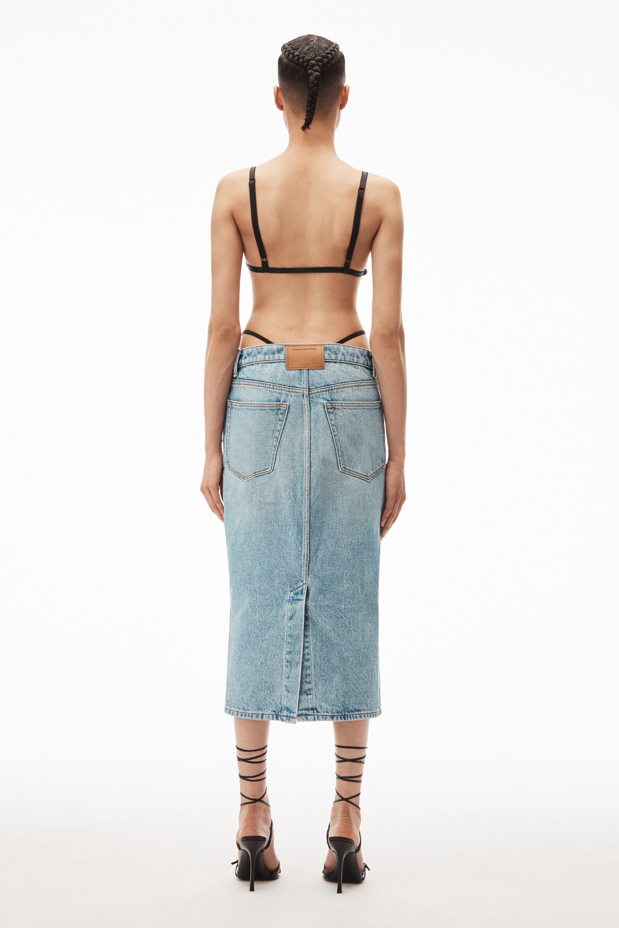 diamanté thong midi skirt in denim - 5