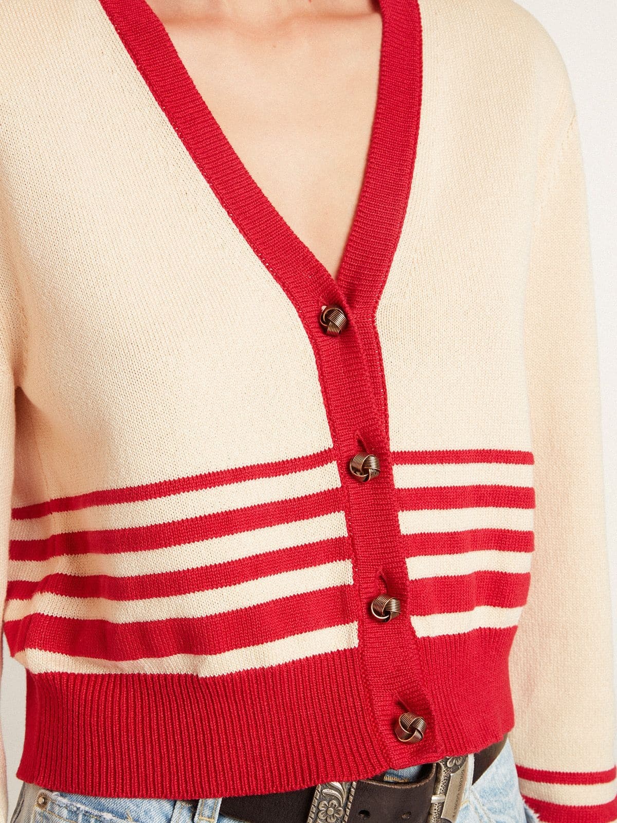 Women's cardigan in cream with red stripes - 5