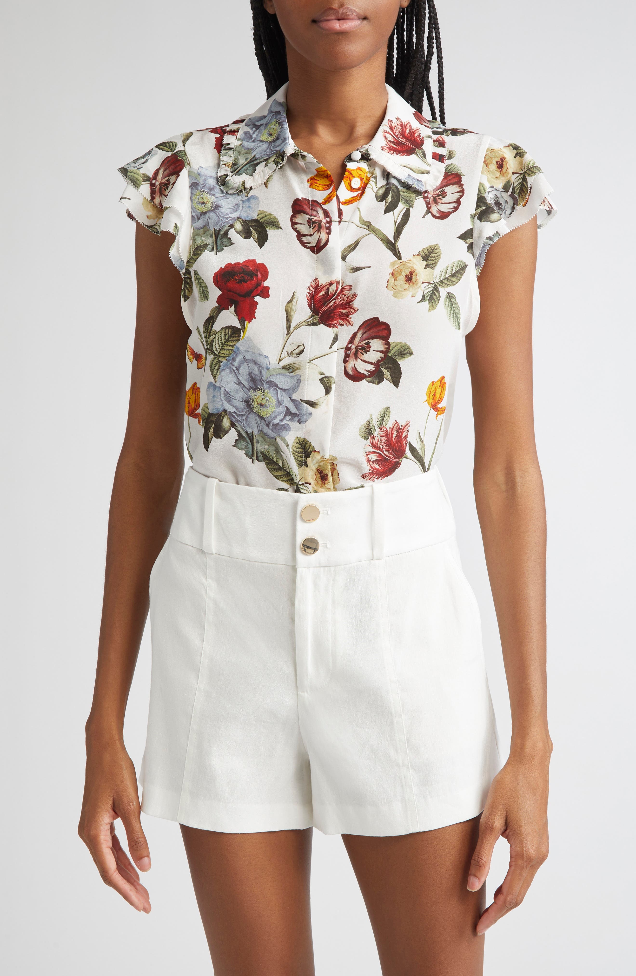 Alice + Olivia Martel Floral Flutter Sleeve Silk Button-Up Top in Provence Floral Sm at Nordstrom - 1