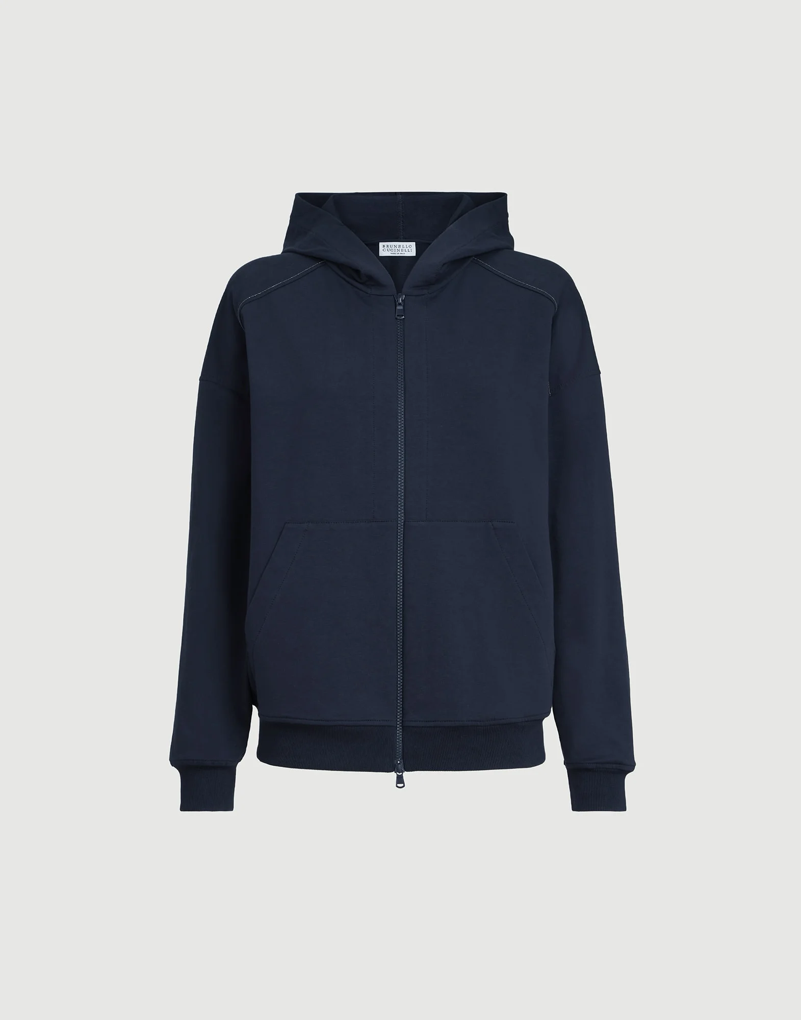 Stretch cotton lightweight French terry hooded sweatshirt with zipper and shiny trims - 1