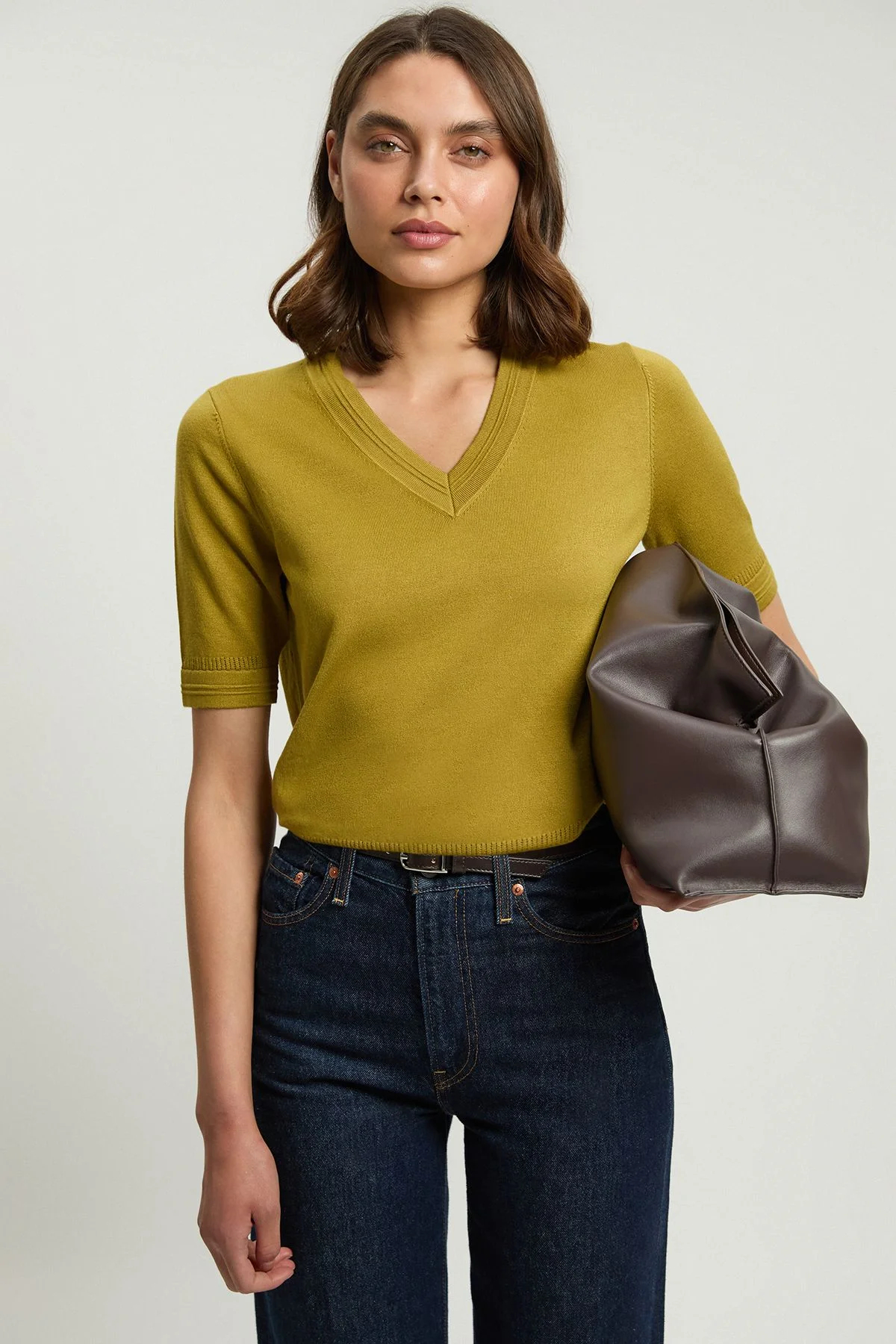 Forever Viscose Blend V Neck Knitted Short Sleeve Top - 1