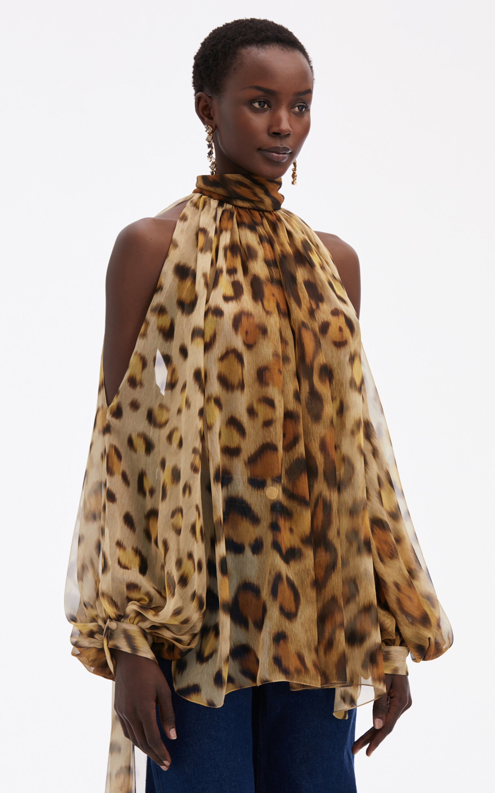 Jaguar Cold Shoulder Silk-Chiffon Blouse animal - 6