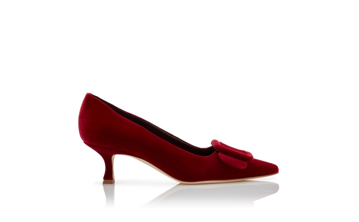 Dark Red Velvet Buckle Detail Pumps - 1