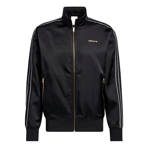 Men's adidas originals Stand Collar Stripe Zipper Ribbed Cuff Long Sleeves logo Sports Jacket Black  - 1