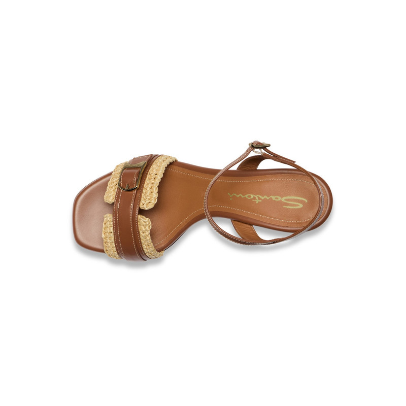 여자의 밝은 갈색 가죽과 raffia mid-heel sandal 5