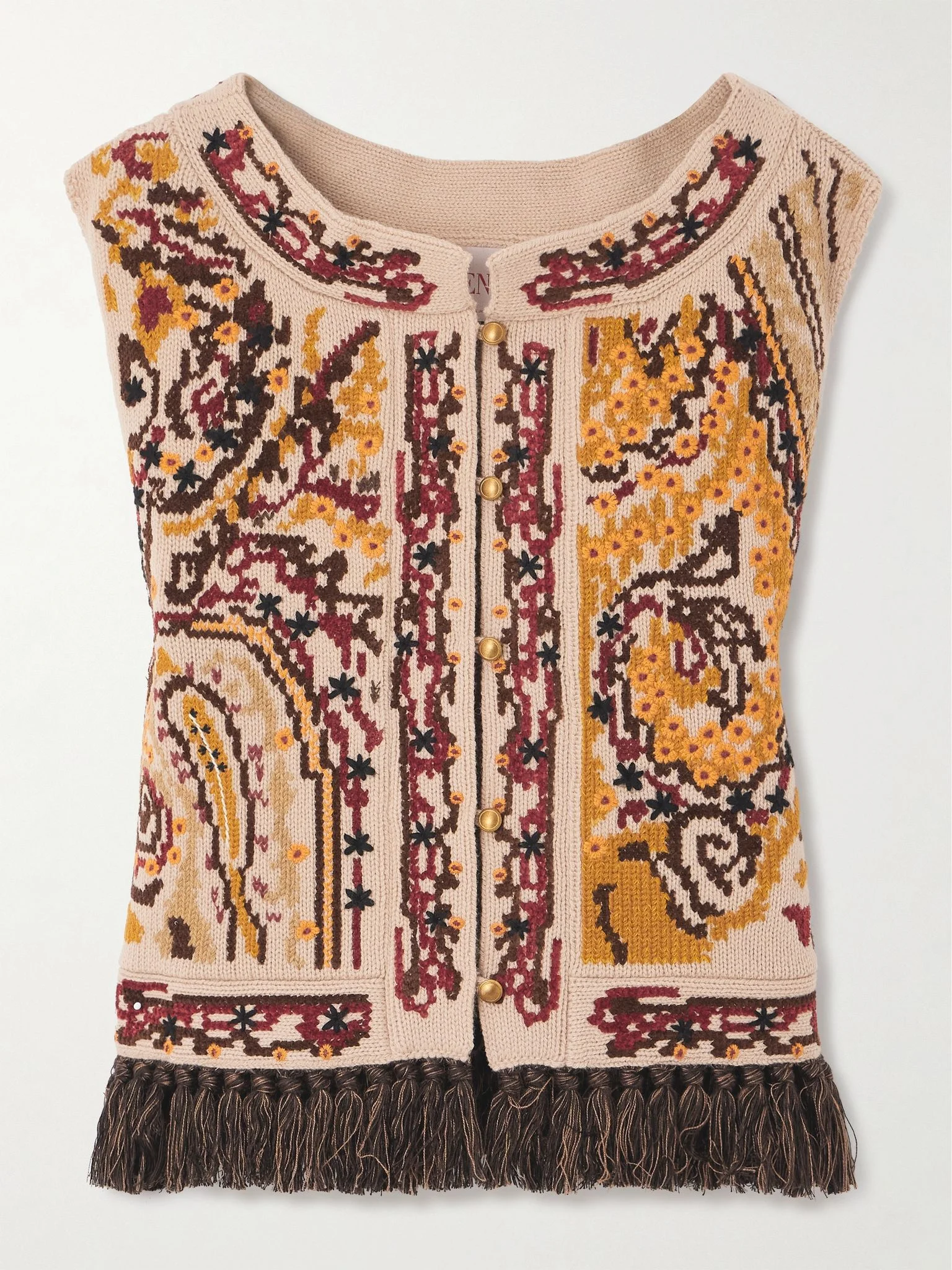 Fringed embroidered wool vest Beige - 1