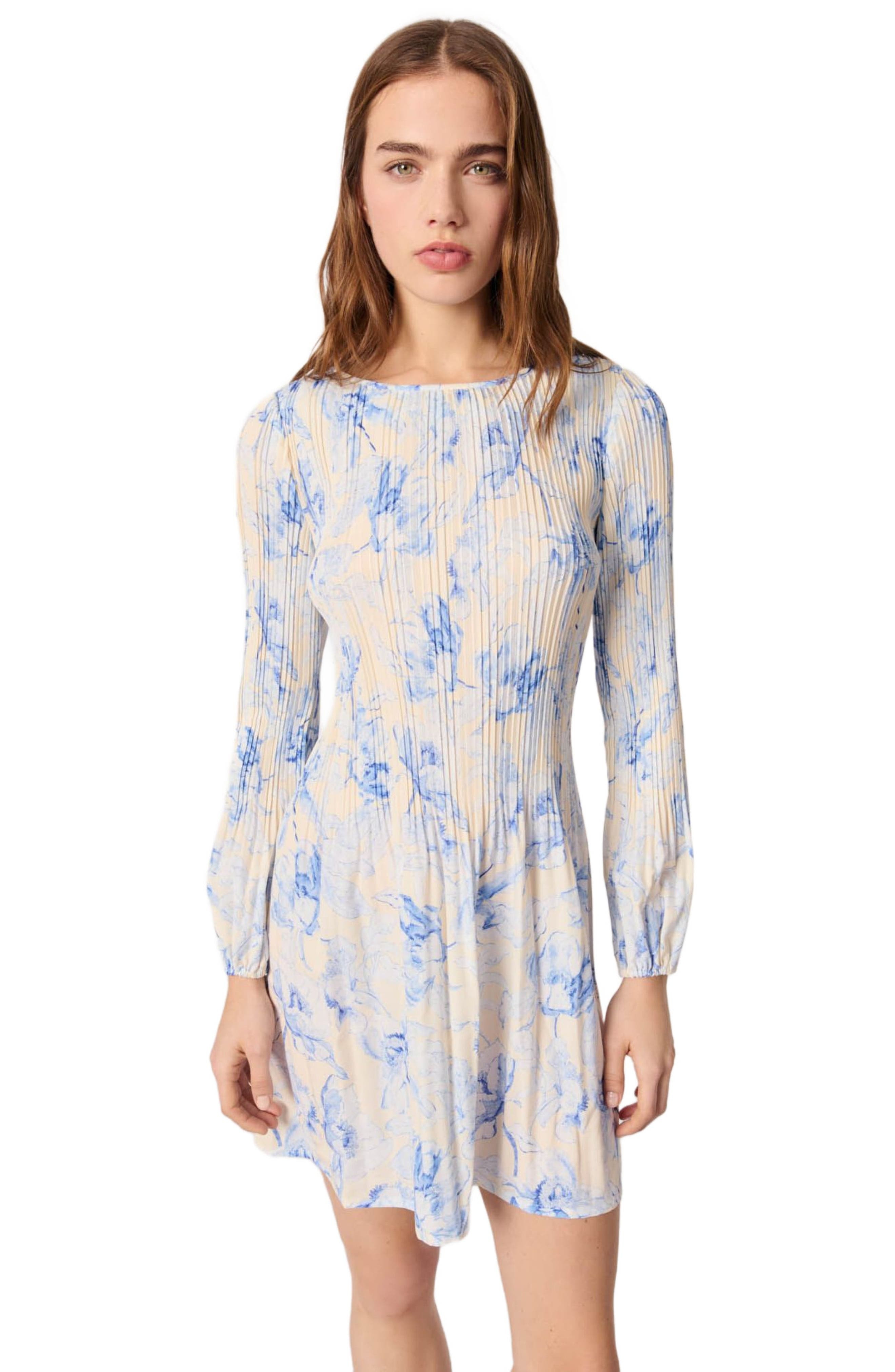 maje Patterned pleated dress in Blue Flower Print Ecru Base at Nordstrom - 6