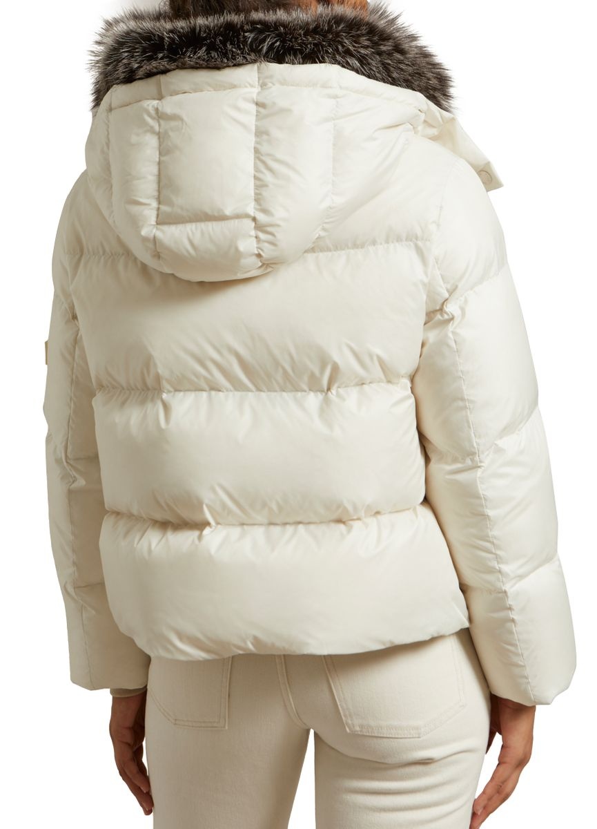 Short A-line puffer jacket made from a water-resistant performance fabric with a fox fur collar - 3