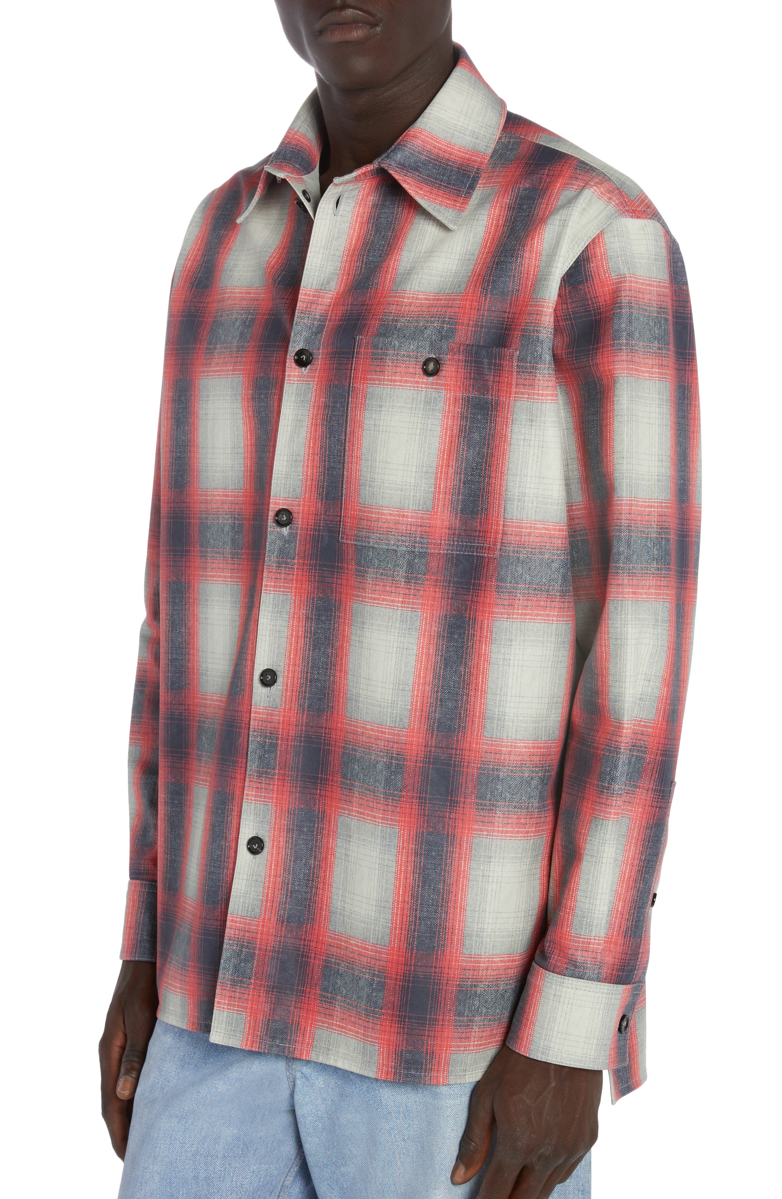 Bottega Veneta Check Print Leather Button-Up Shirt in Grey/Red/Black at Nordstrom - 5