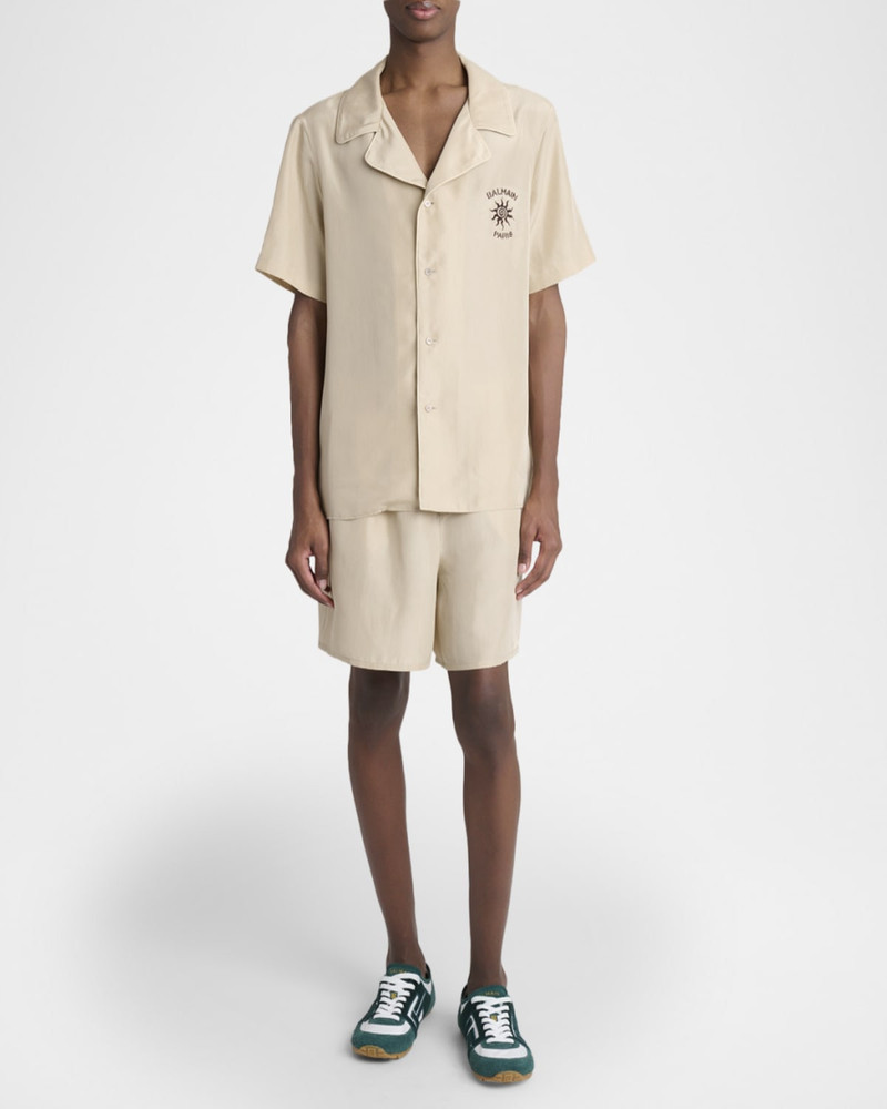 Balmain Men's Silk Embroidered Sun Logo Pull-On Shorts outlook