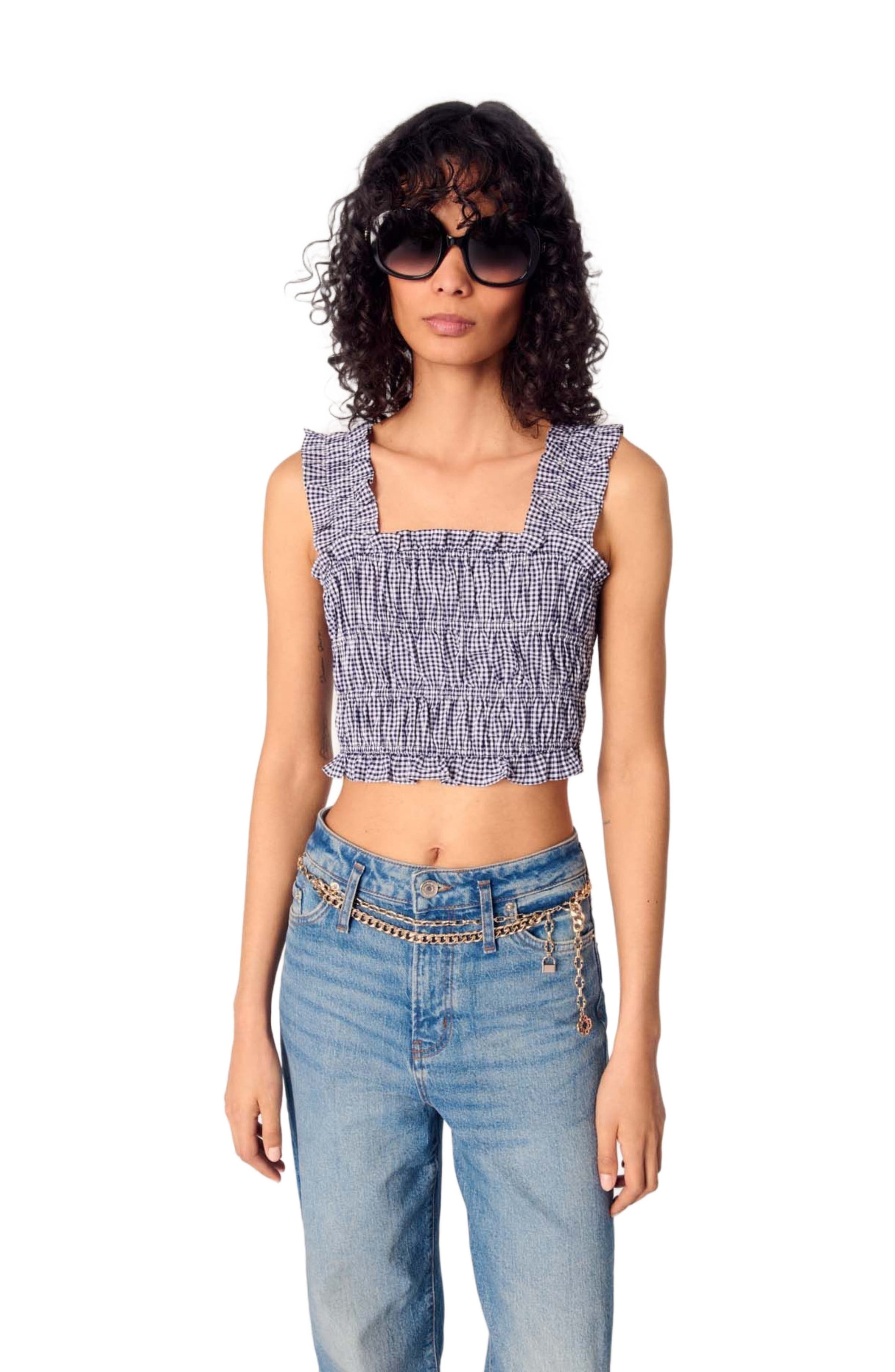 maje Gingham smocked crop top in Navy/white at Nordstrom - 4