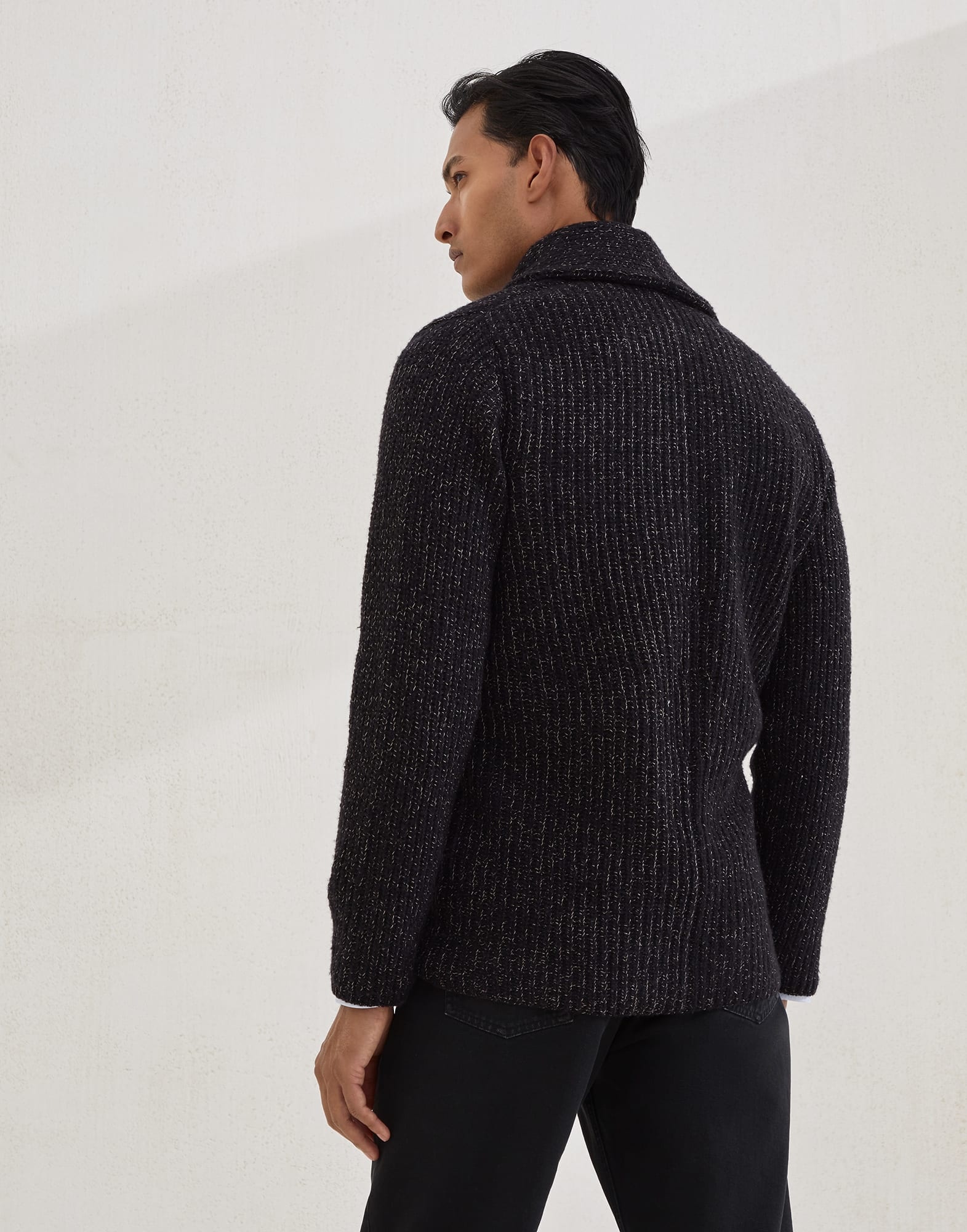 Mouliné virgin wool, silk and cashmere half English rib one-and-a-half breasted cardigan with metal  - 2
