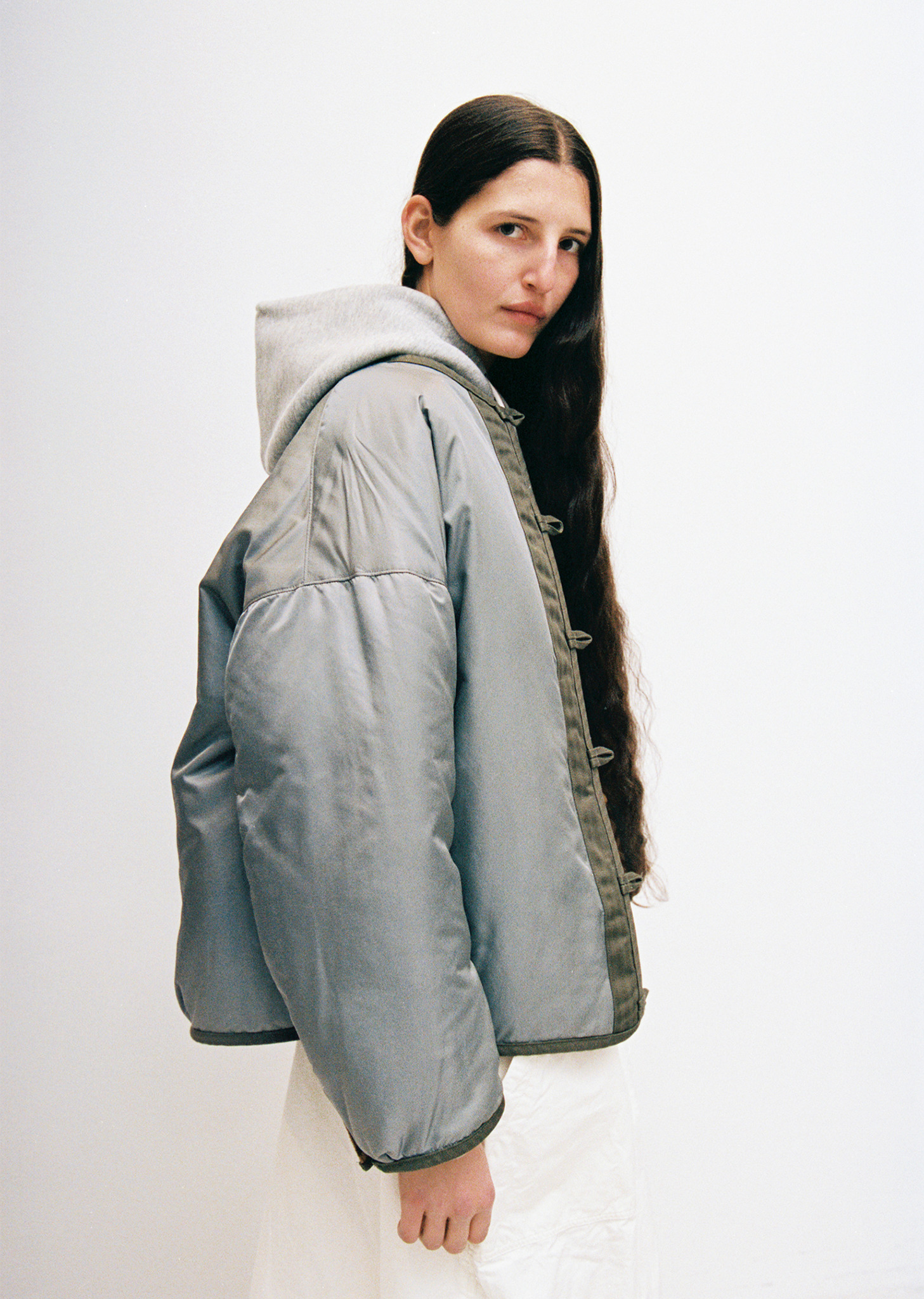 Wool Linen Reversible Jacquard Blanket Liner Jacket — Beige - 7