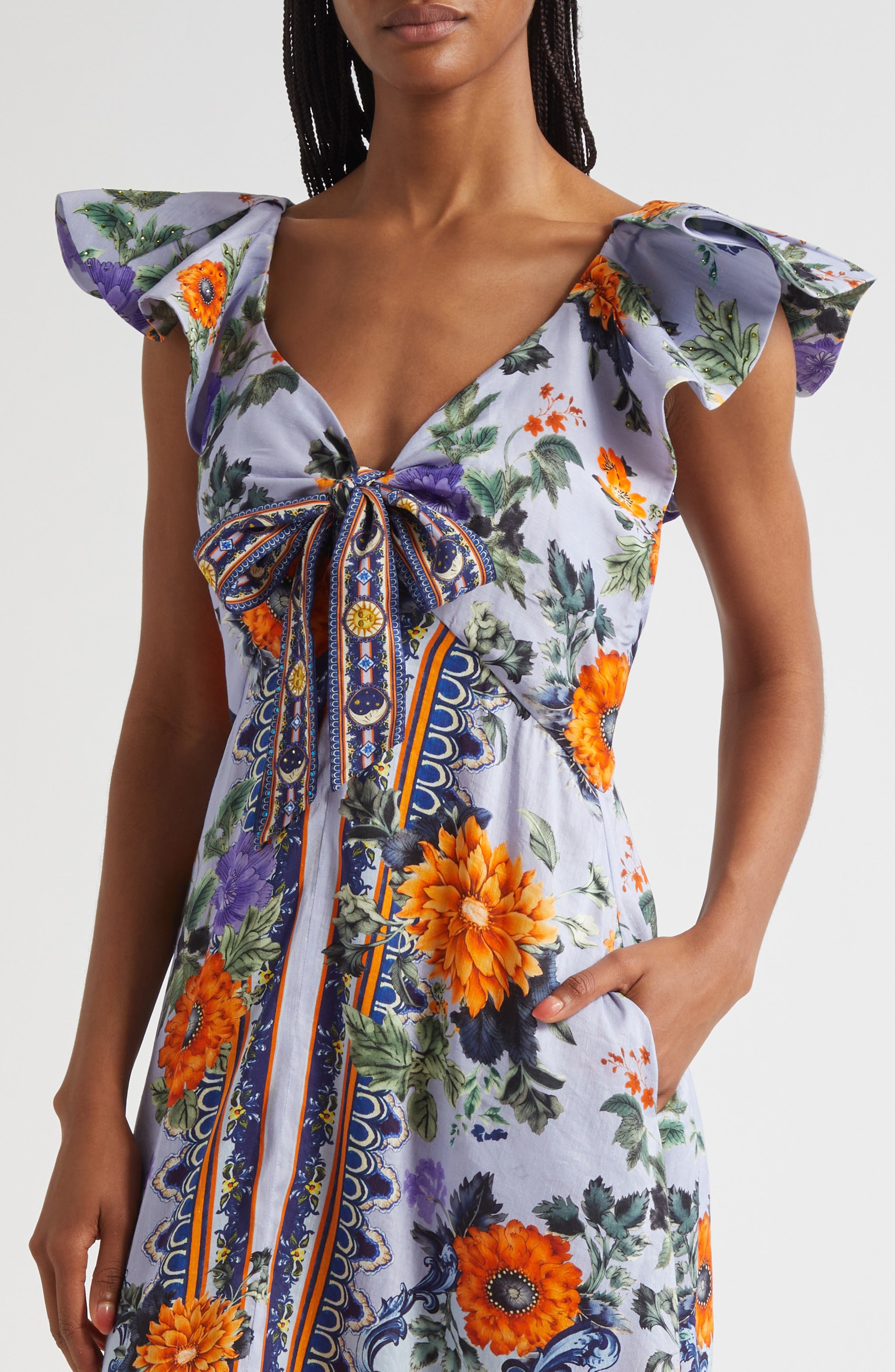 Camilla Luscious in Lisbon Tie Front Flutter Sleeve Linen & Silk Maxi Dress at Nordstrom - 4
