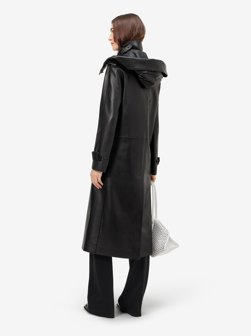 Women's Leather Hooded Trench Coat in Black 4