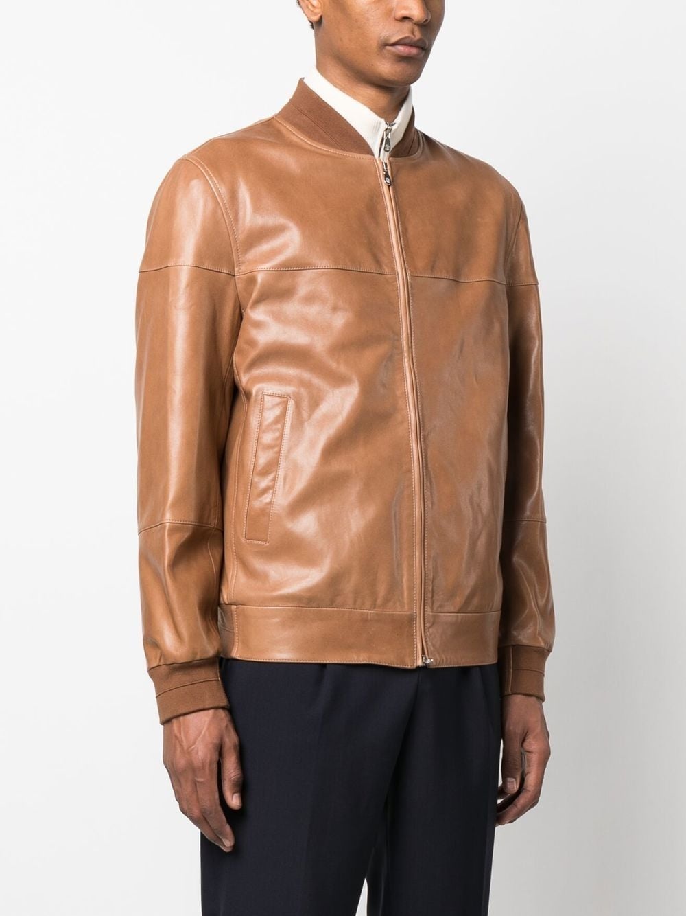 zipped leather bomber jacket - 3