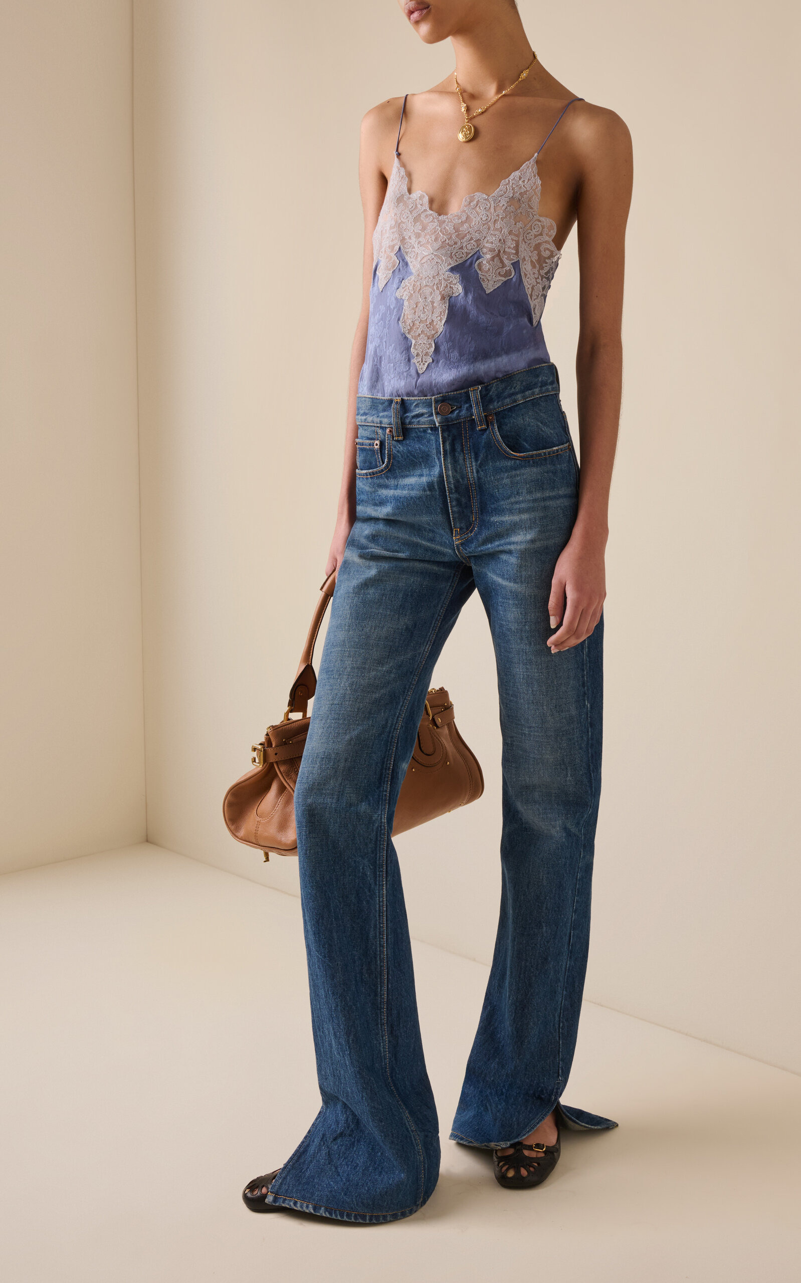 Lace-Trimmed Silk-Jacquard Lingerie Top blue - 3