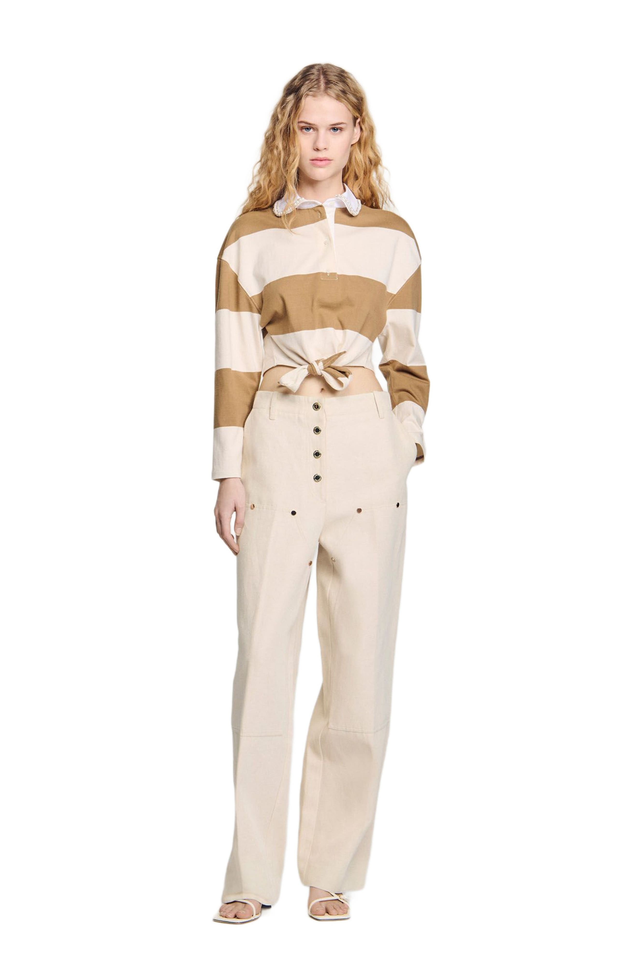 SANDRO Striped polo-neck T-shirt in Beige at Nordstrom - 6