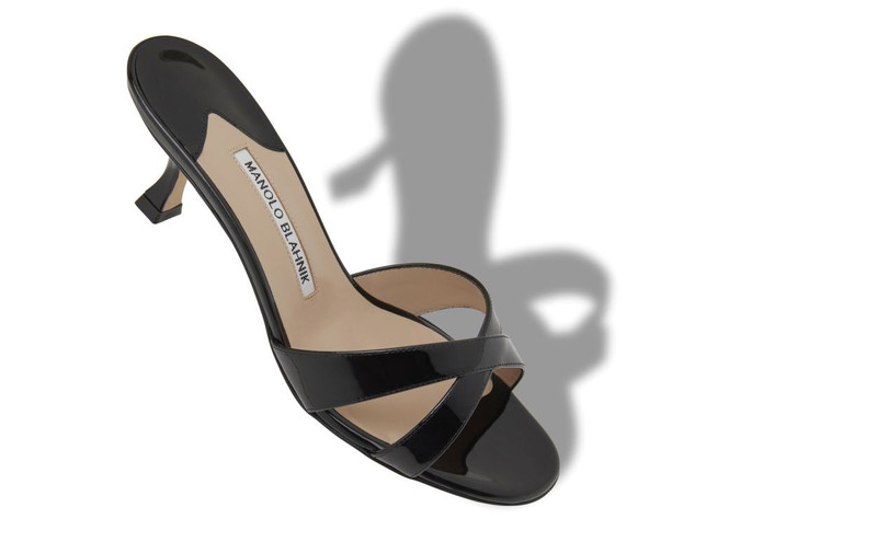 Manolo Blahnik Black Patent Leather Open Toe Mules outlook