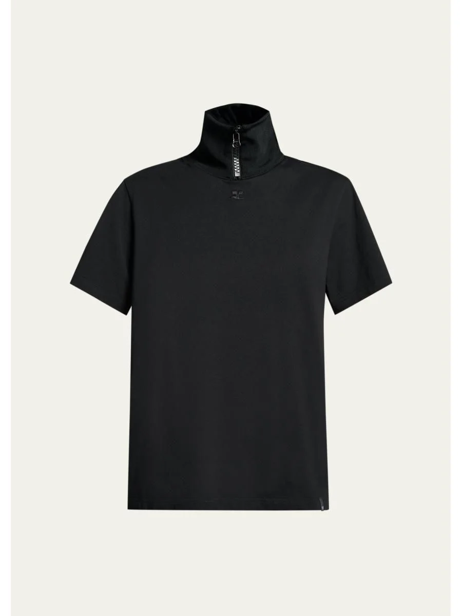 Cotton Ribbed Stand-Collar T-Shirt - 1