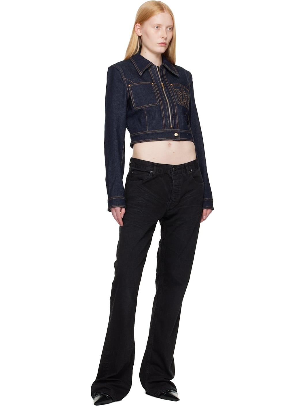 Navy Zip Up Cropped Denim Jacket - 4
