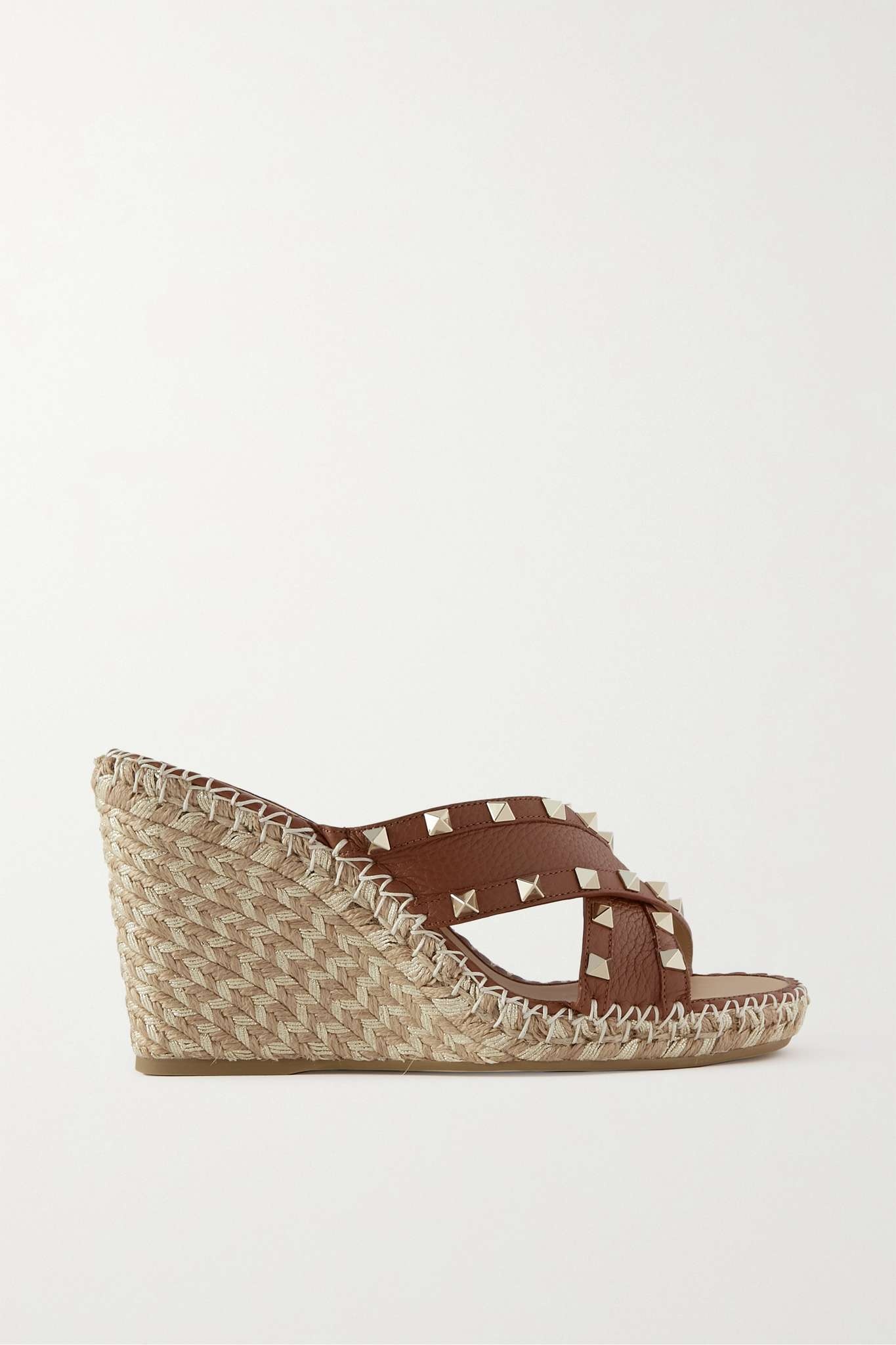 Valentino Garavani Rockstud textured-leather espadrille wedge mules - 1