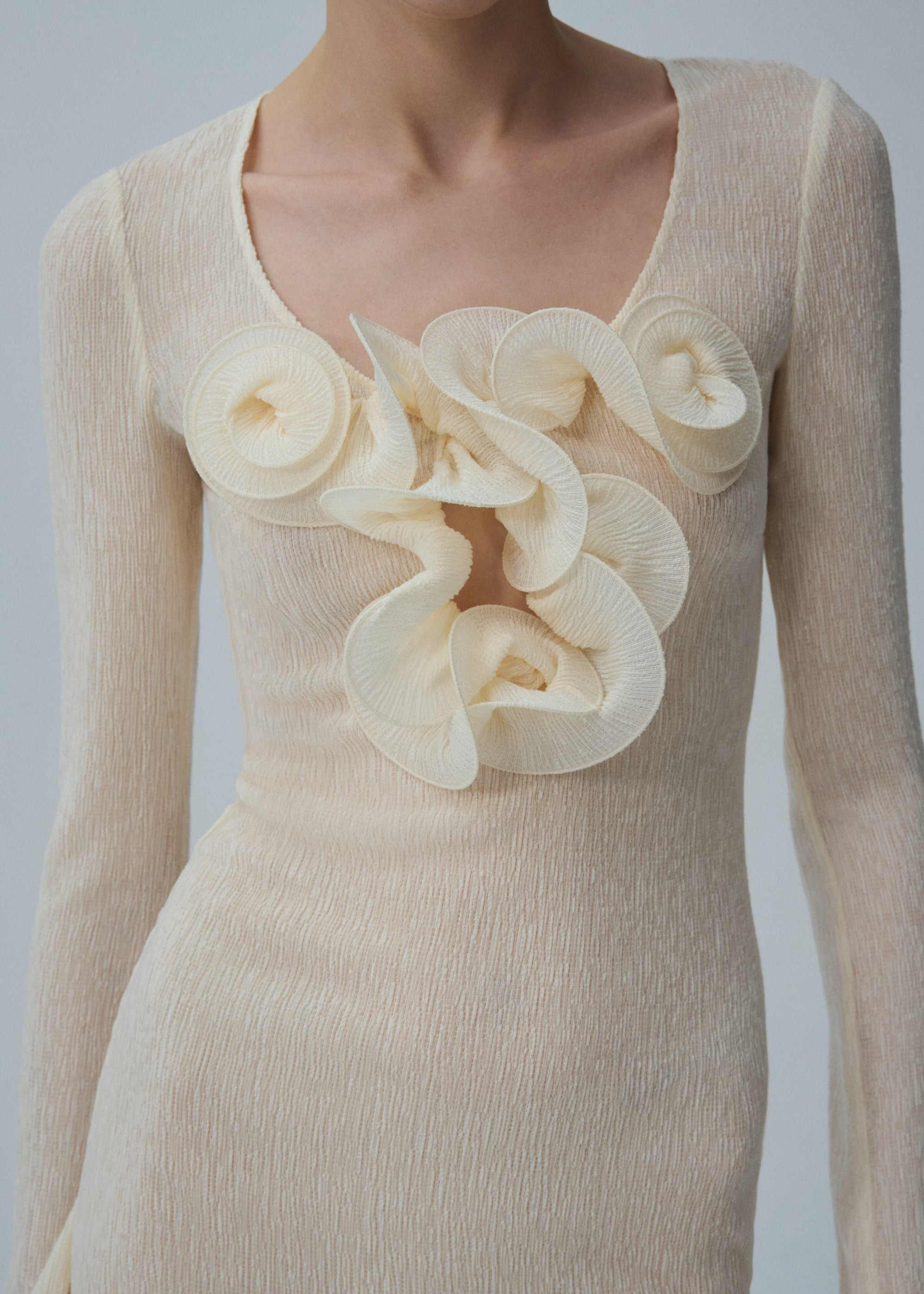 Long sleeve crepe beach mini dress in cream - 4