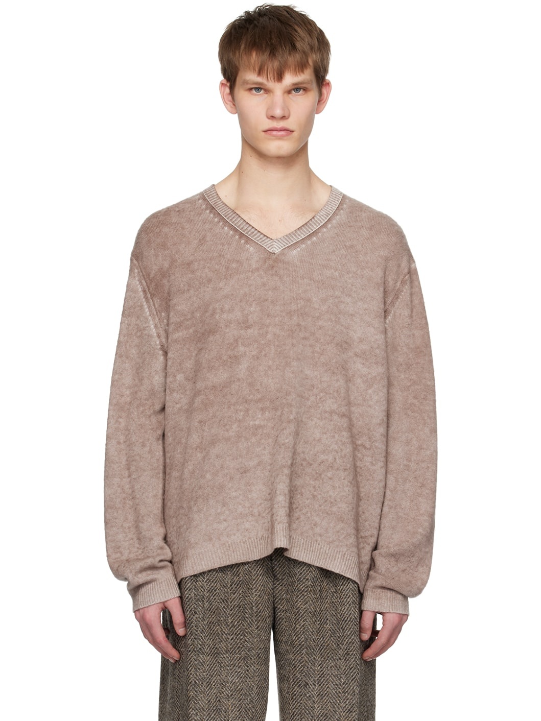 Brown & White V-Neck Sweater - 1