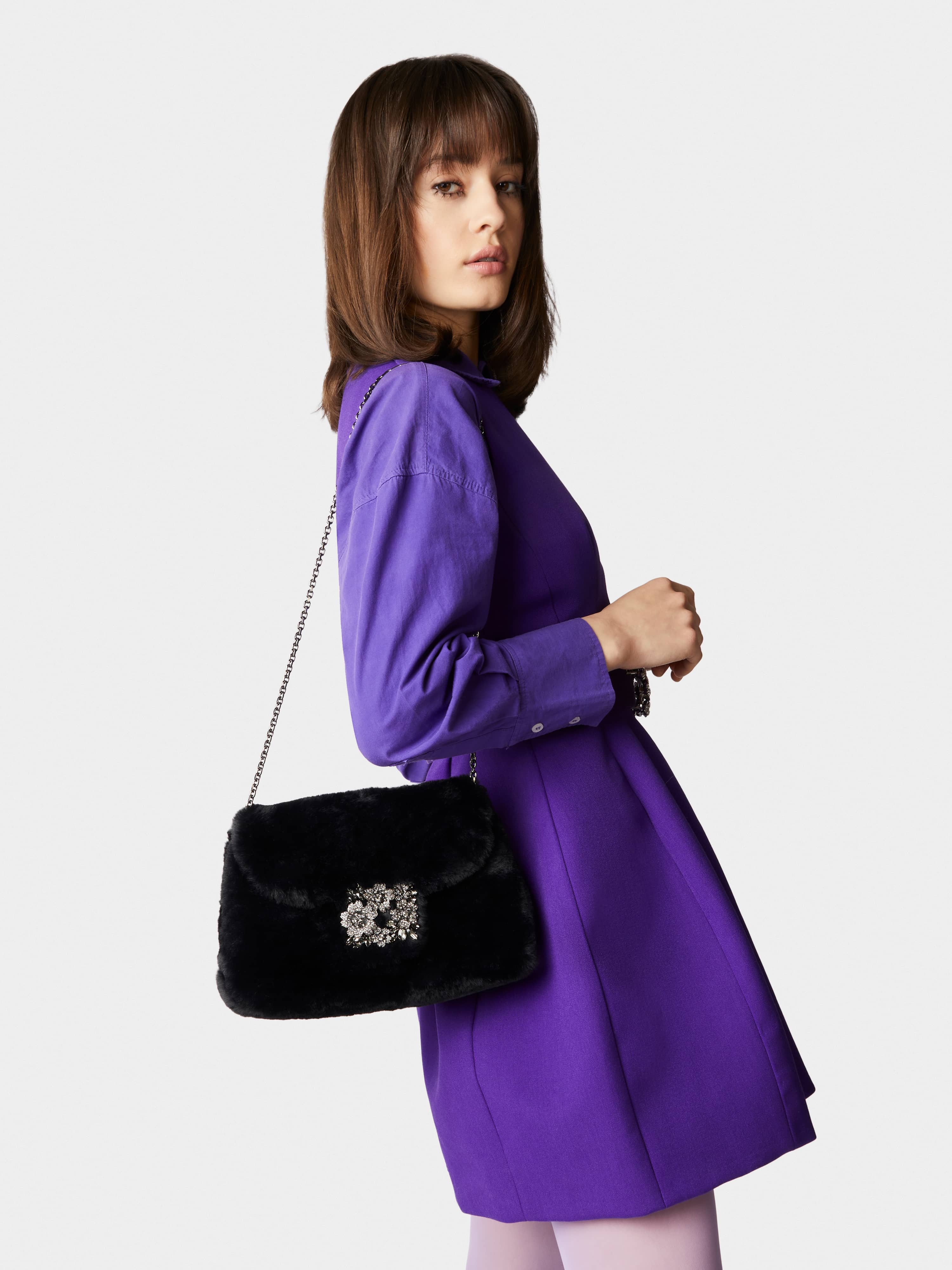 Drapé Bouquet Strass Dark Buckle Mini Bag in Faux Fur - 9