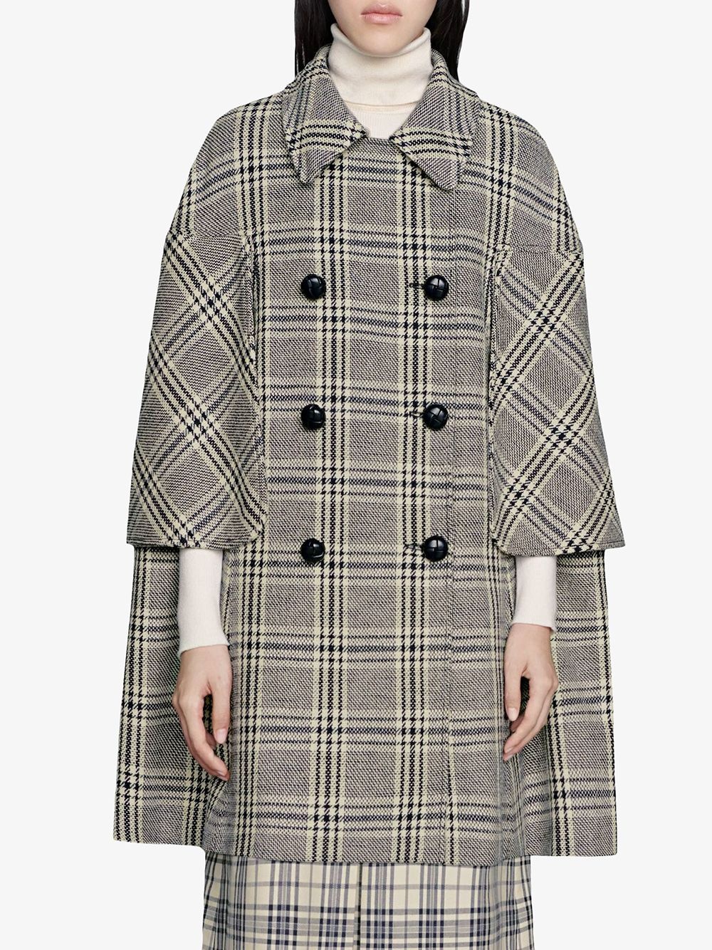 checkered double-breasted cape coat - 3