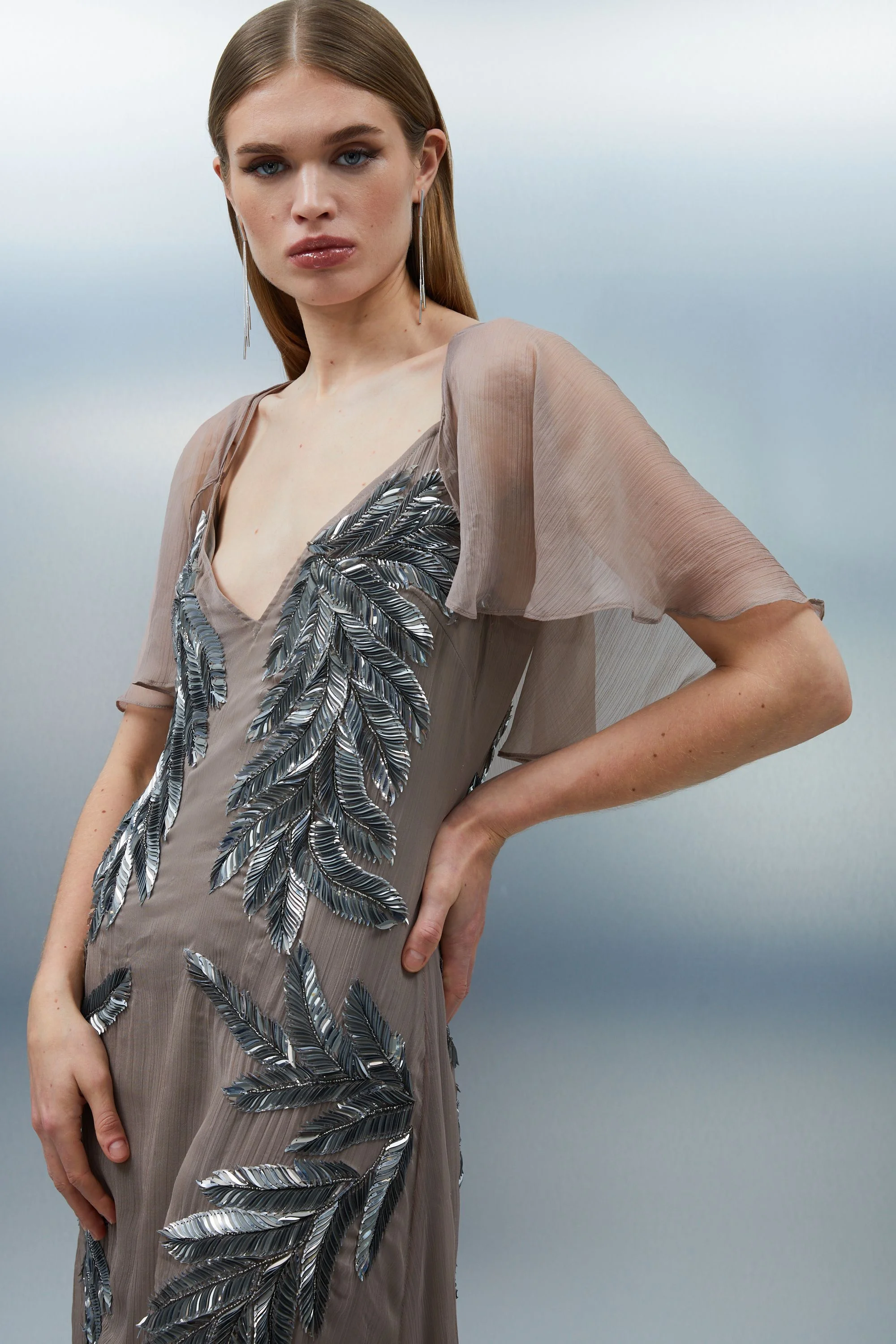 Petite Feather Embellished Woven Cape Sleeve Maxi Dress - 1