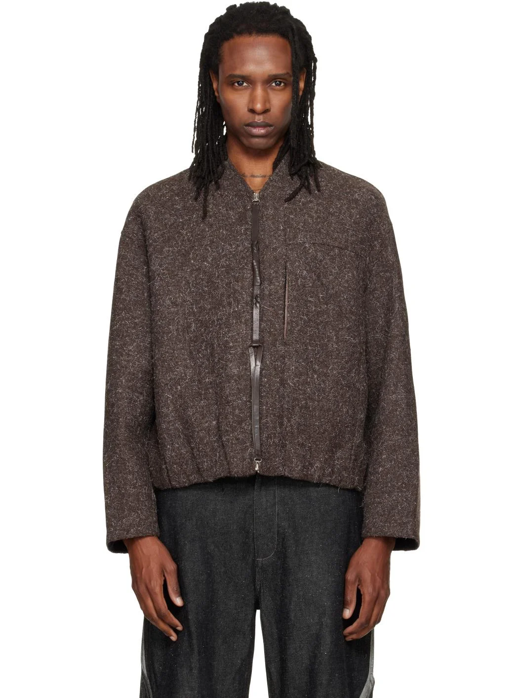 Brown Wool Strapped Zipper Blouson Jacket - 1
