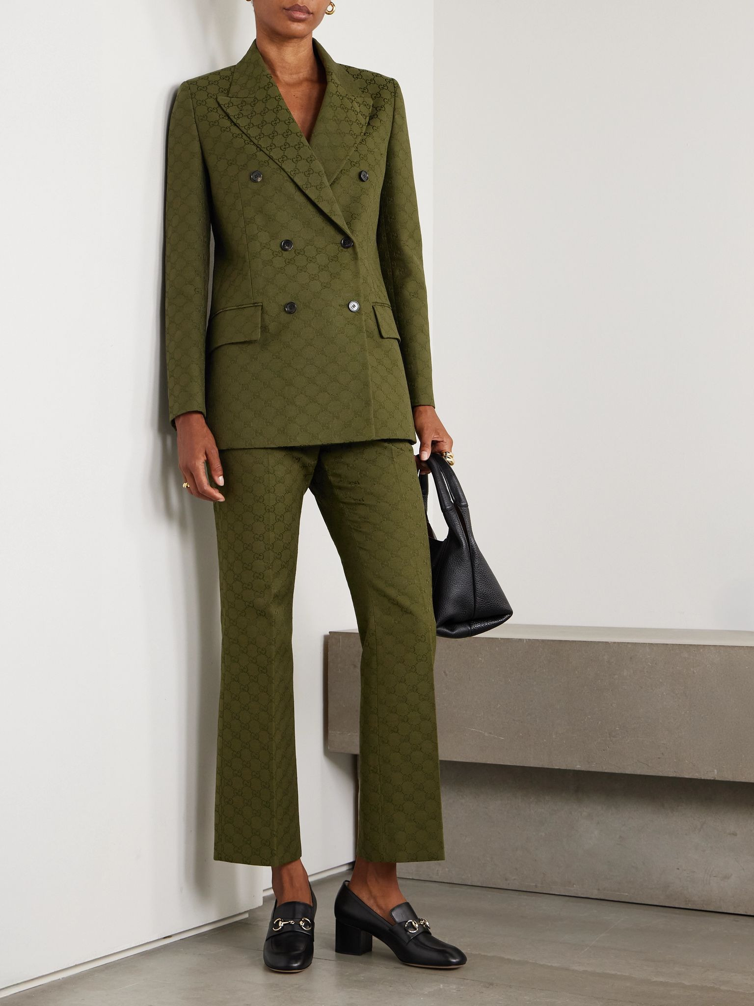 Double-breasted jacquard cotton-blend canvas blazer Army green - 2