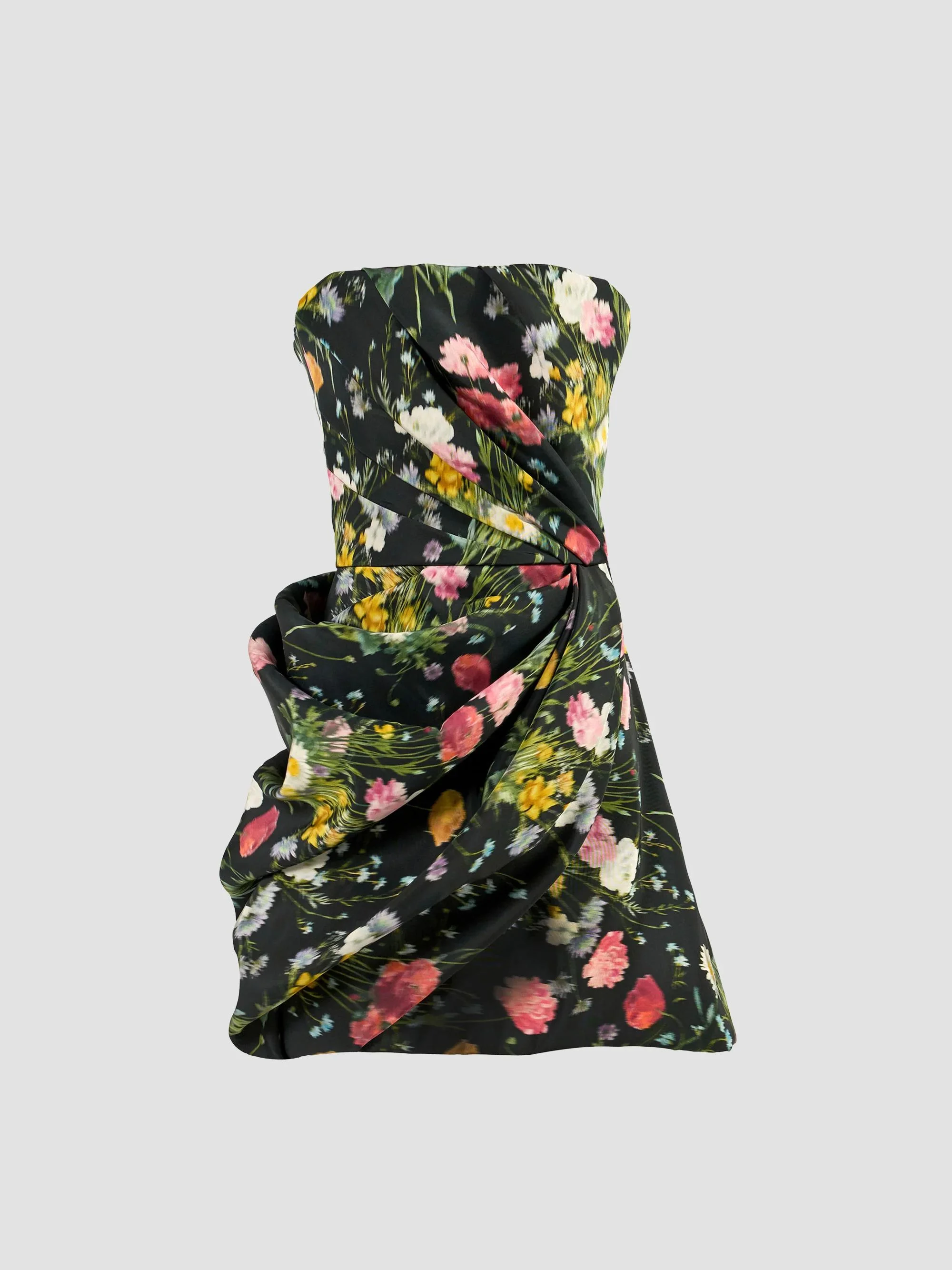 Women's Floral Silk Draped Strapless Mini Dress - Black Multi - 1