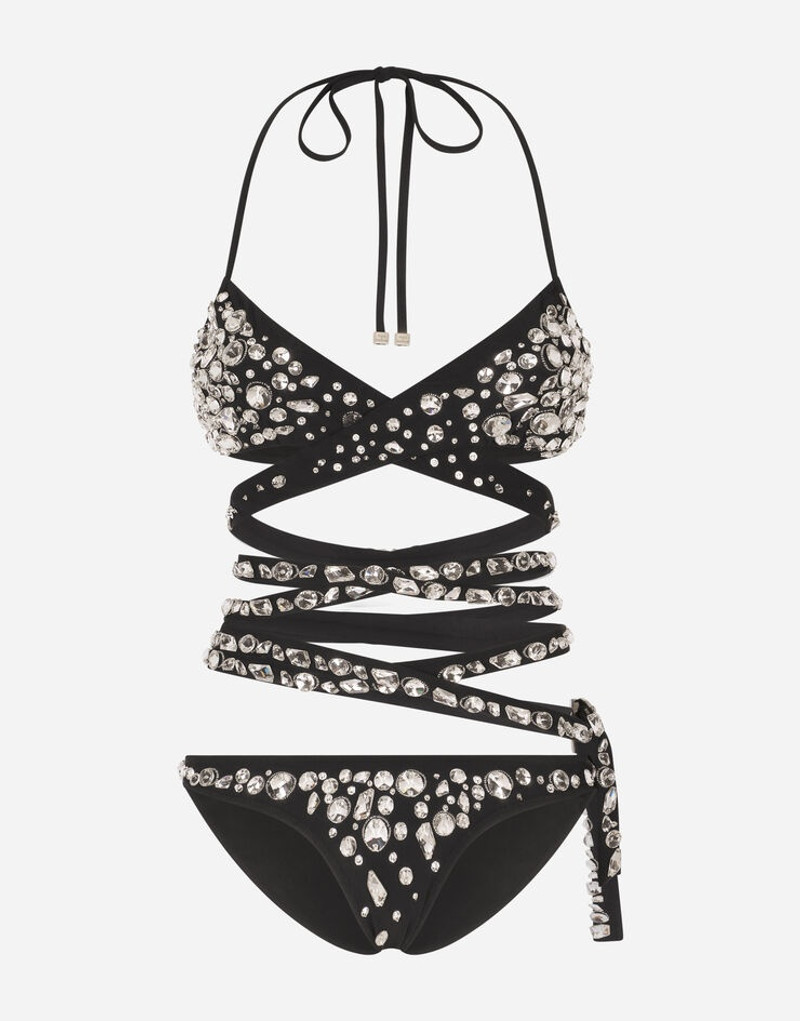 Bikini with crossover lacing and rhinestone appliqués 1