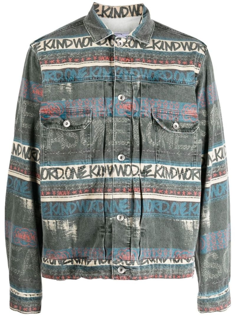 graphic-print distressed denim jacket - 1