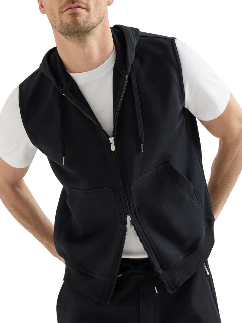 Men's Techno Cotton French Terry Sleeveless Sweatshirt with Zipper and Hood - Black 4