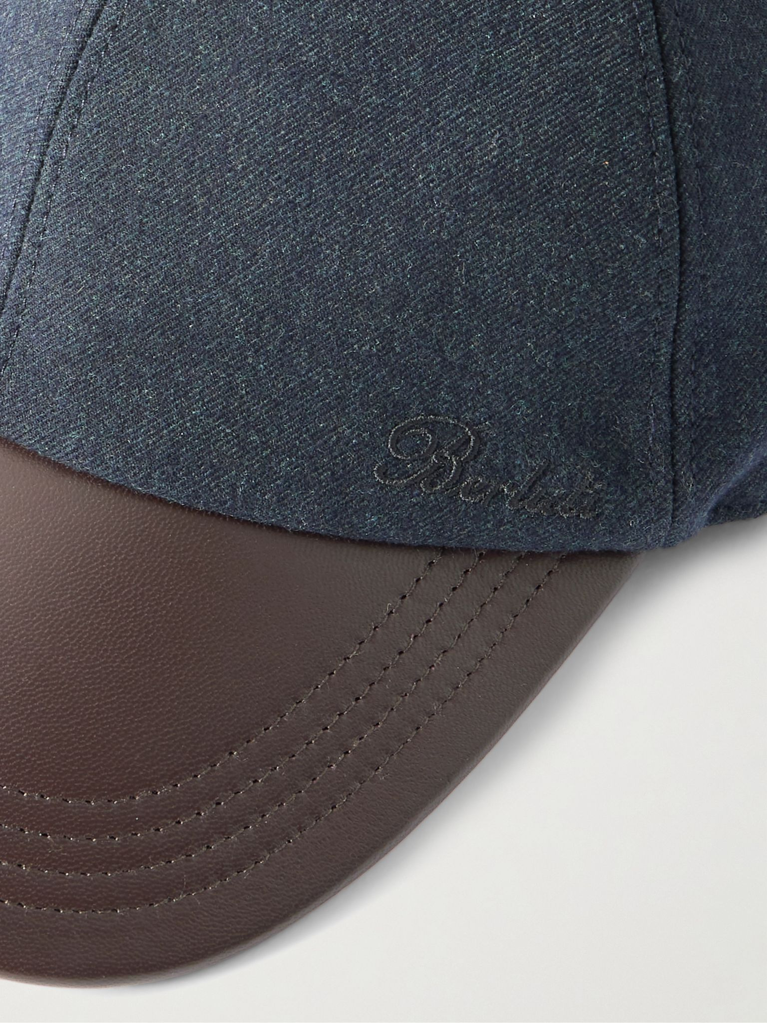 Logo-Embroidered Leather-Trimmed Wool-Blend Baseball Cap Navy - 3