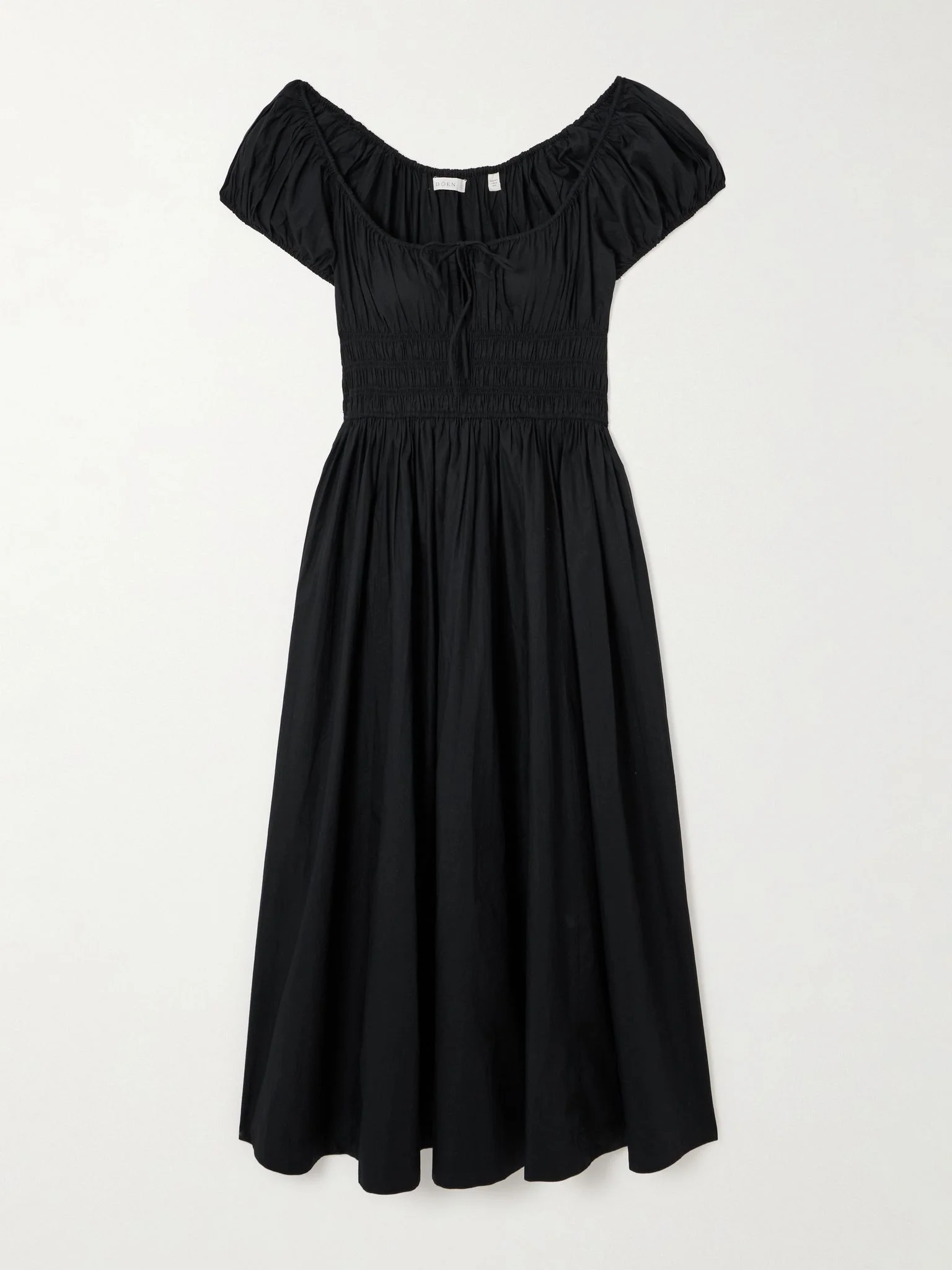 Quinn tie-detailed shirred organic cotton-poplin midi dress Black - 1
