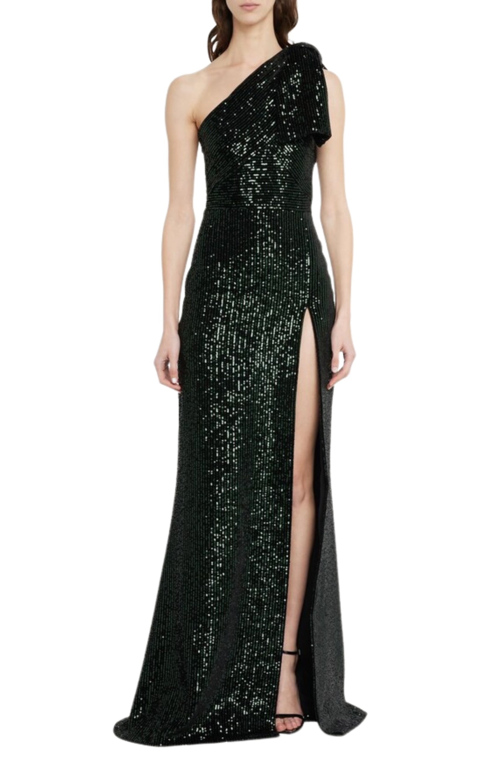 Green Sequinned Velvet One-Shoulder Dress - 4