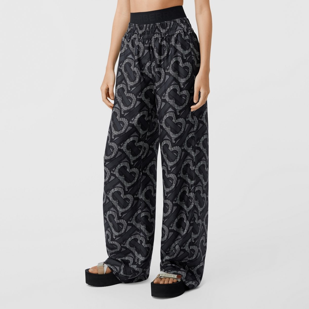 Monogram Print Silk Twill Wide-leg Trousers - 5