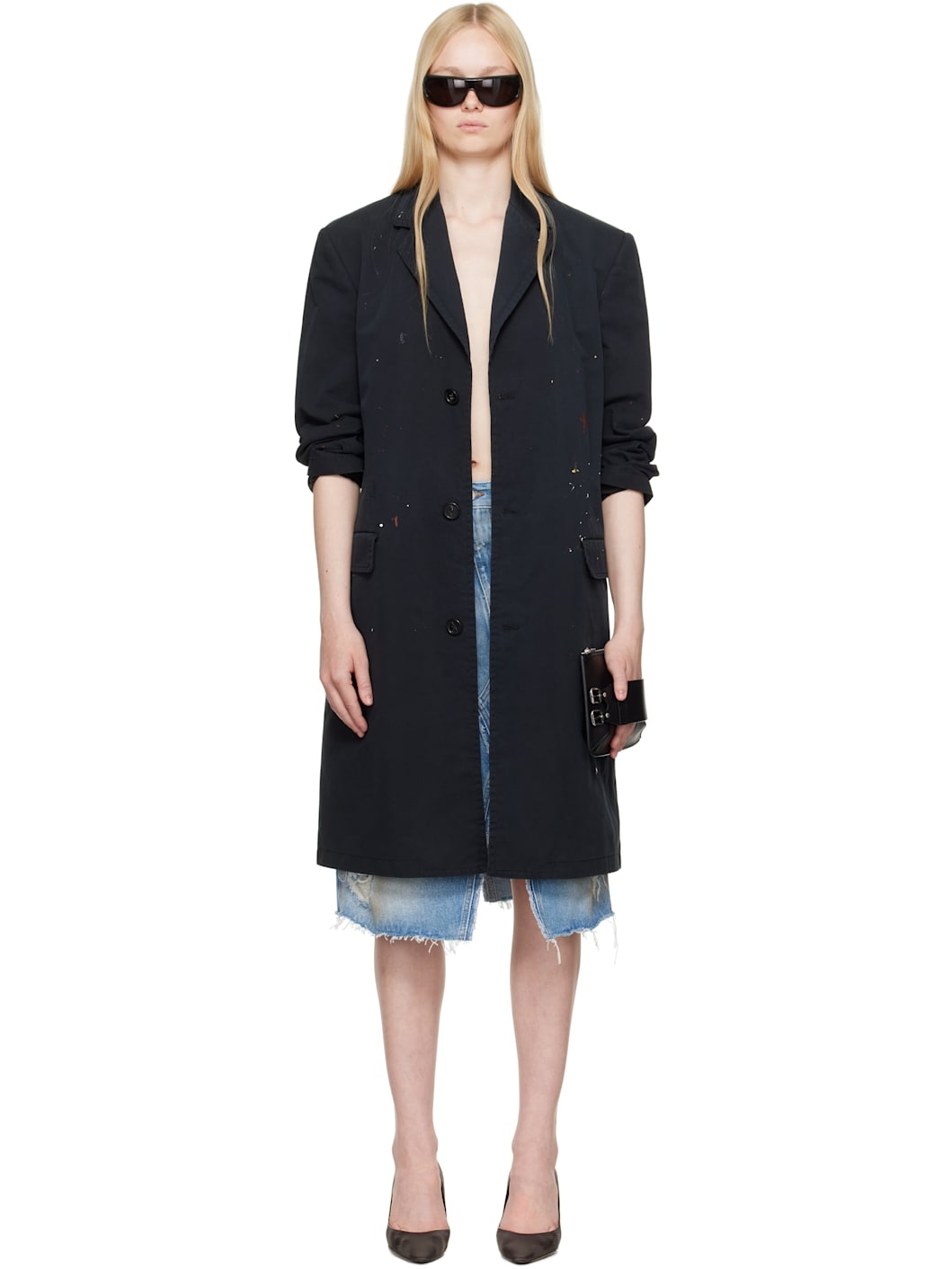 Black Cotton Gabardine Trench Coat - 1